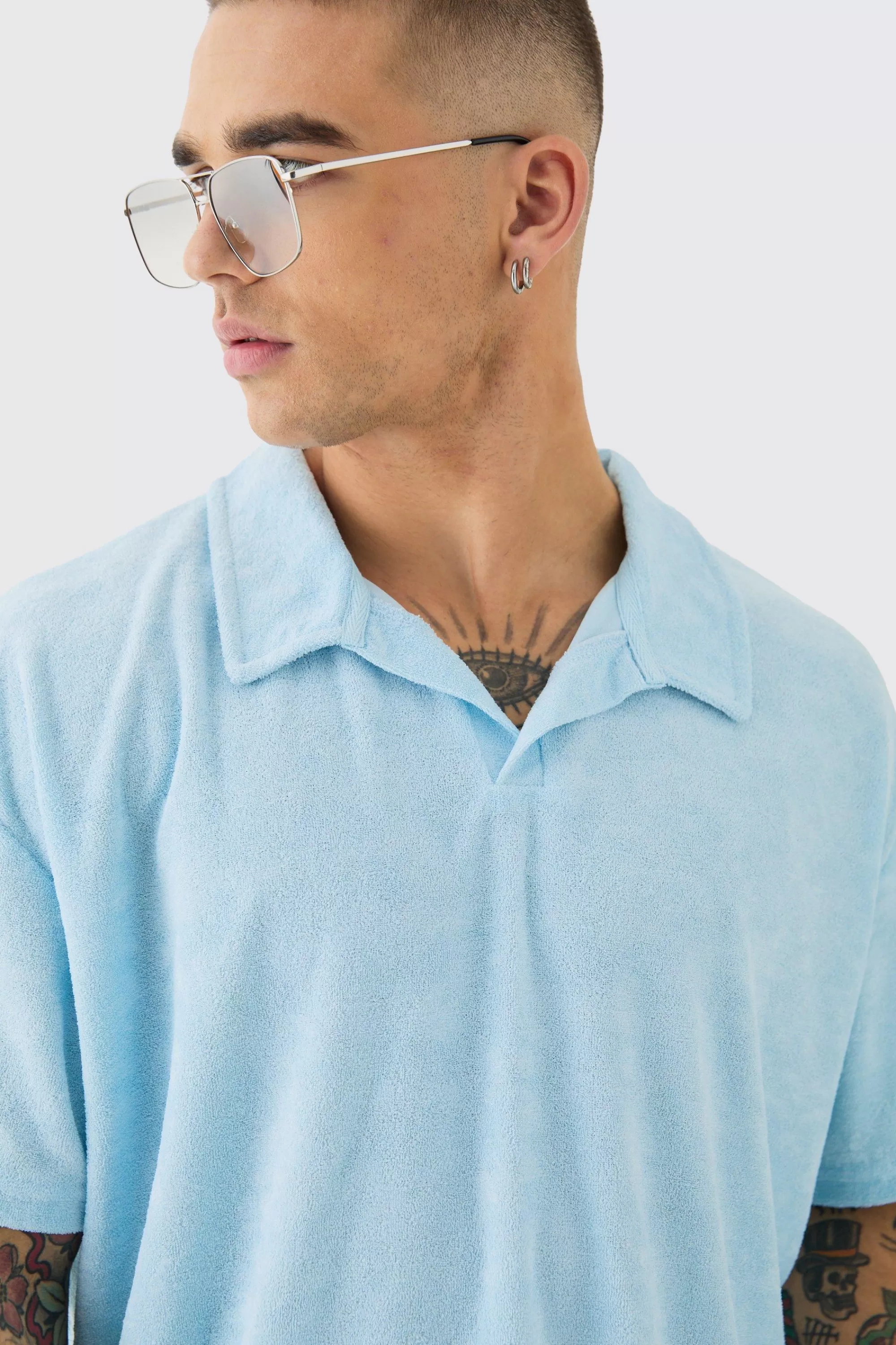 boohooMAN Oversized Revere Towelling Polo & Shorts Set | UK