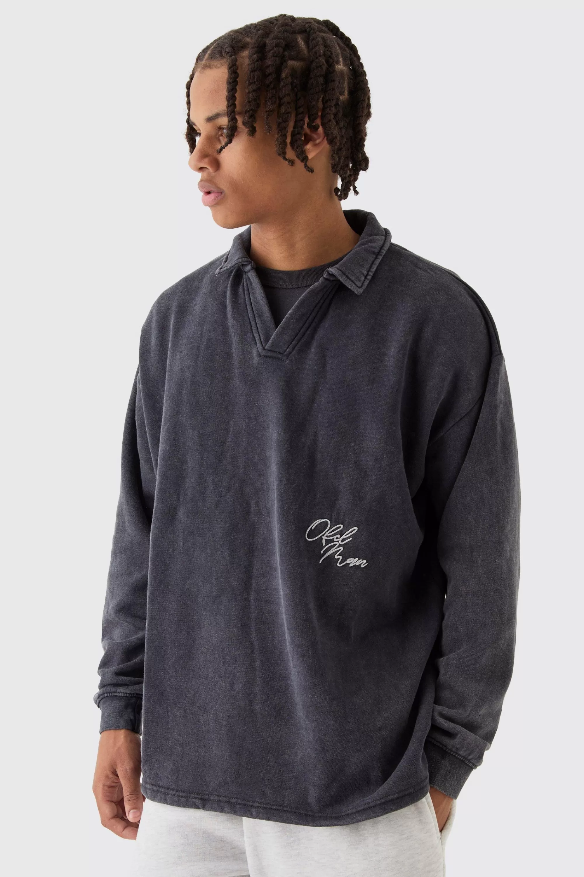 boohooMAN Oversized Revere Washed Embroidered Rugby Sweatshirt Polo | UK