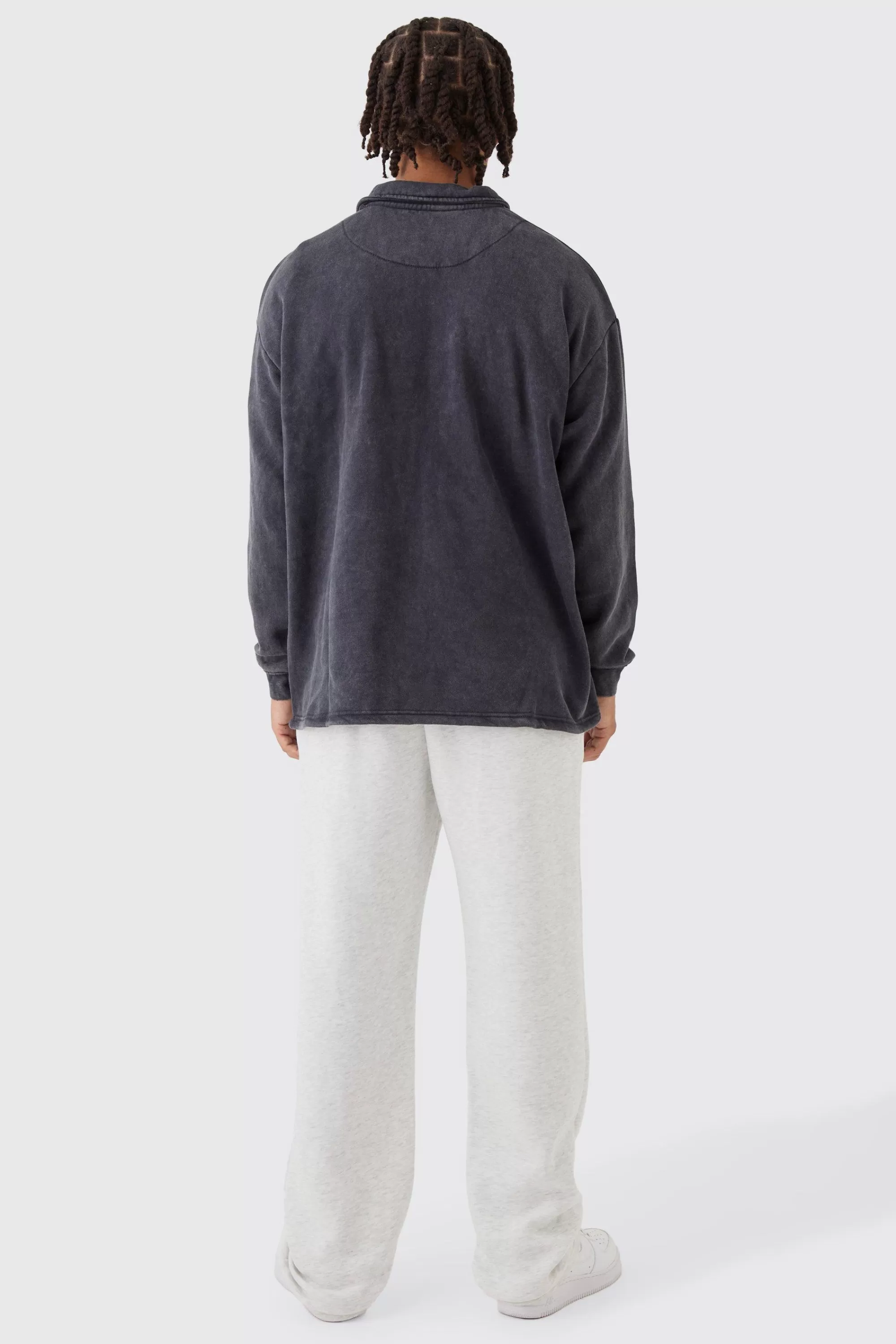 boohooMAN Oversized Revere Washed Embroidered Rugby Sweatshirt Polo | UK