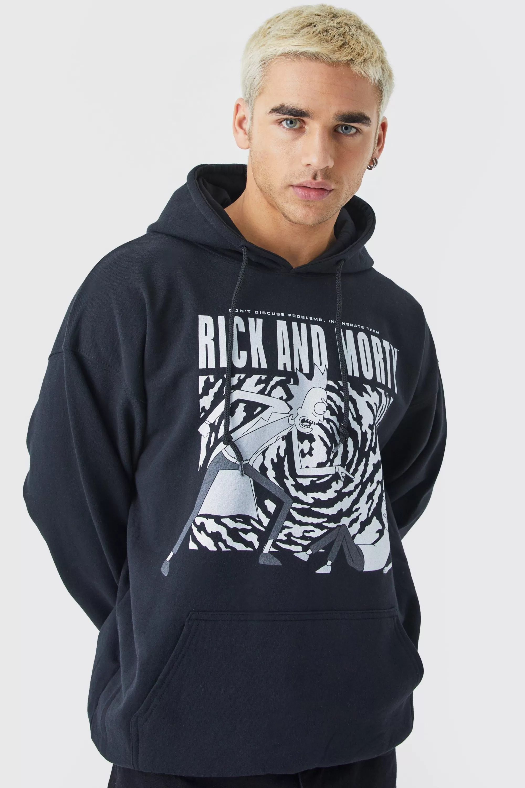 boohooMAN Oversized Rick And Morty Monochrome License Hoodie | UK