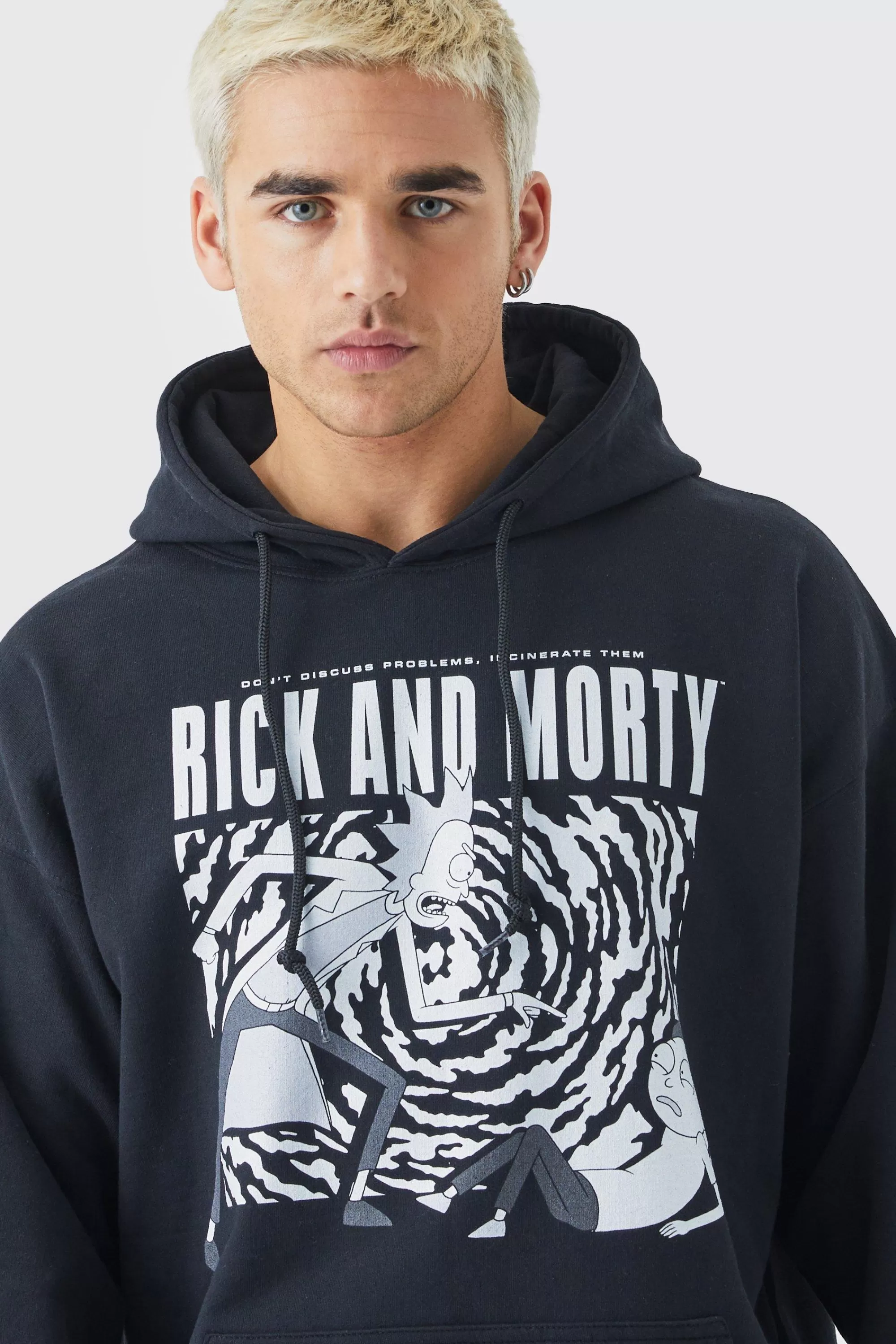 boohooMAN Oversized Rick And Morty Monochrome License Hoodie | UK