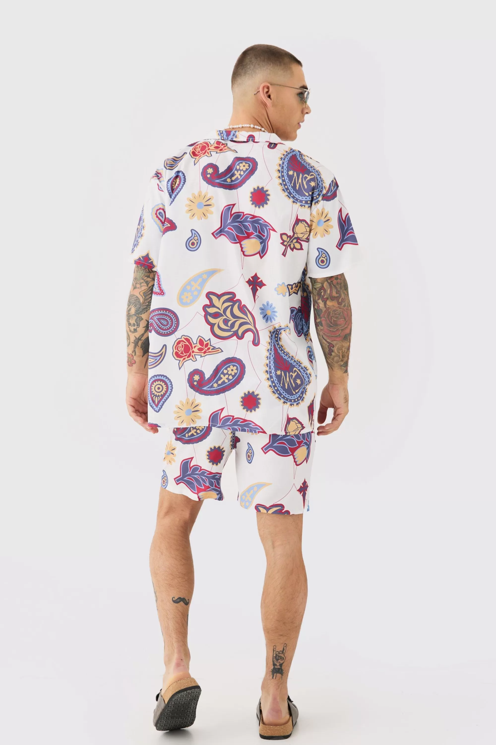 boohooMAN Oversized Ripstop Paisley Shirt & Mid Swim Short Set | UK