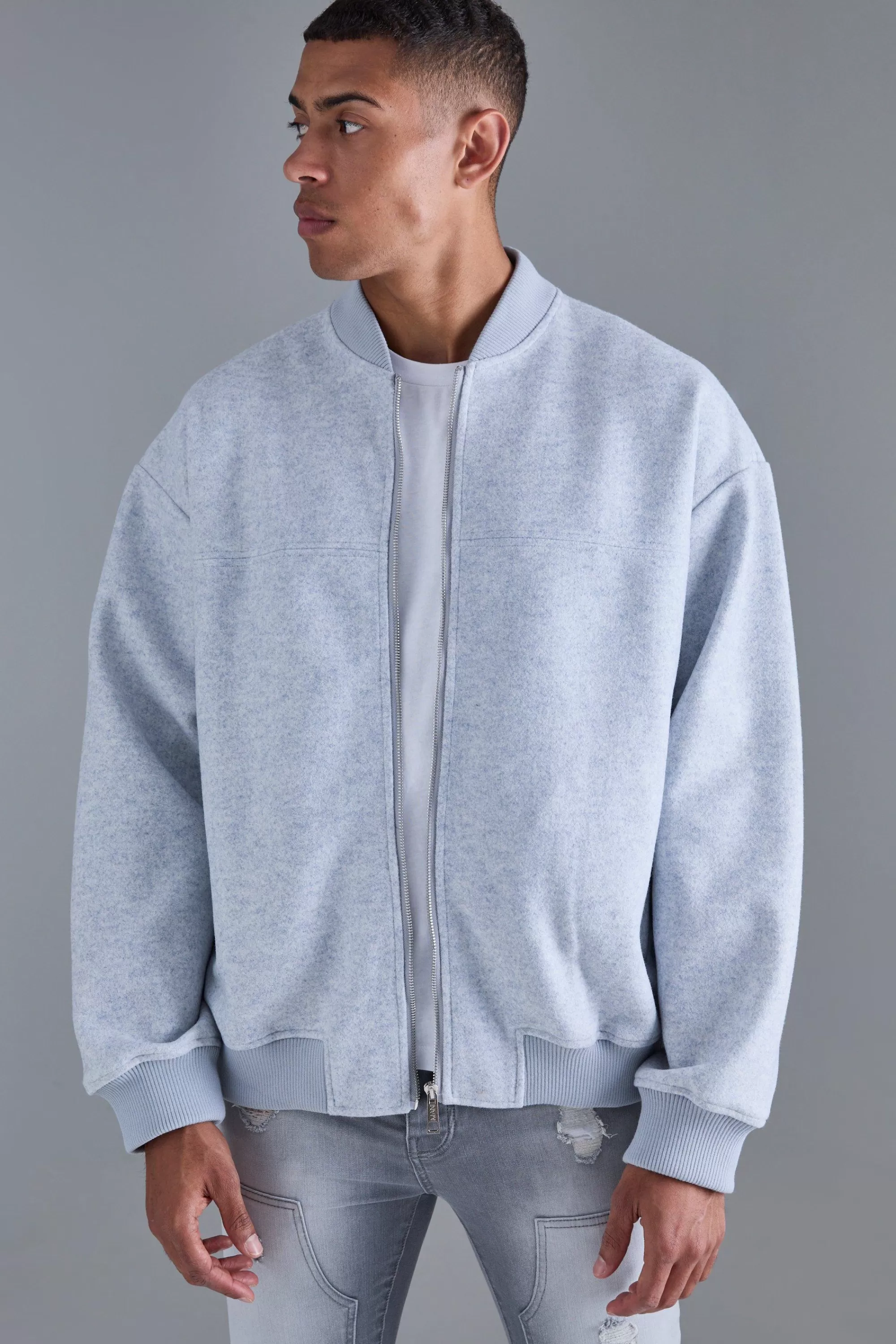 boohooMAN Oversized Salt And Pepper Melton Bomber | UK
