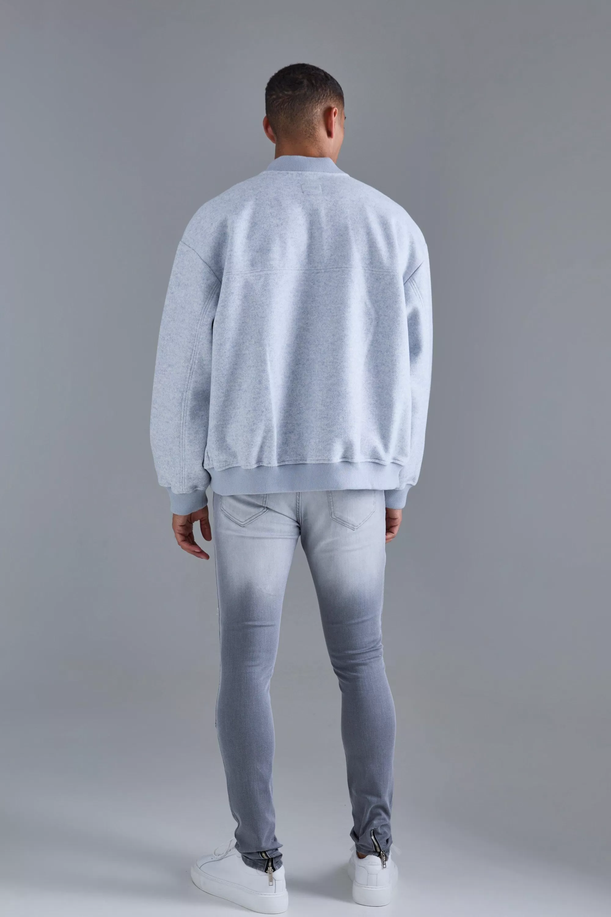 boohooMAN Oversized Salt And Pepper Melton Bomber | UK