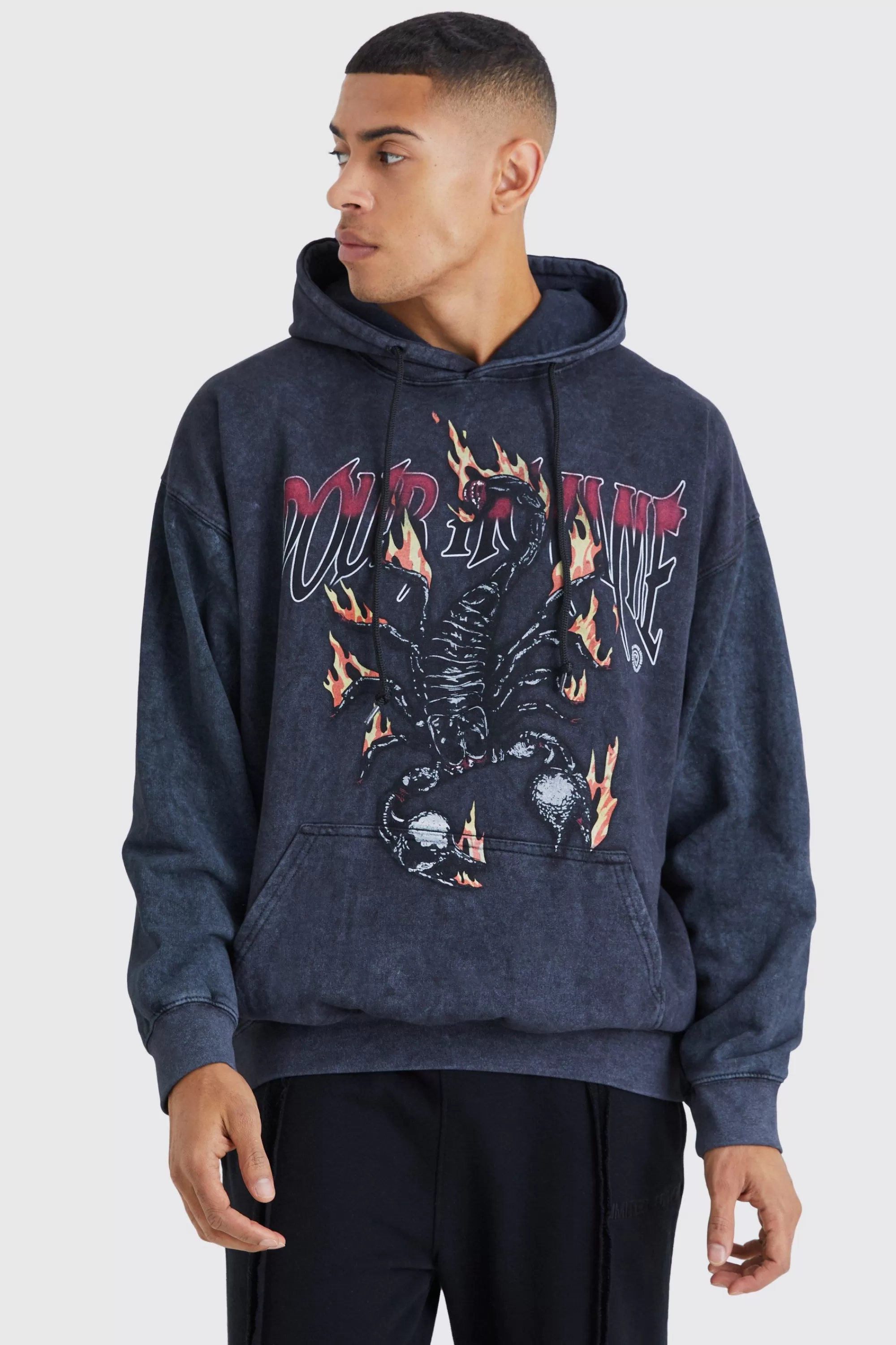 boohooMAN Oversized Scorpion Wash Graphic Hoodie | UK