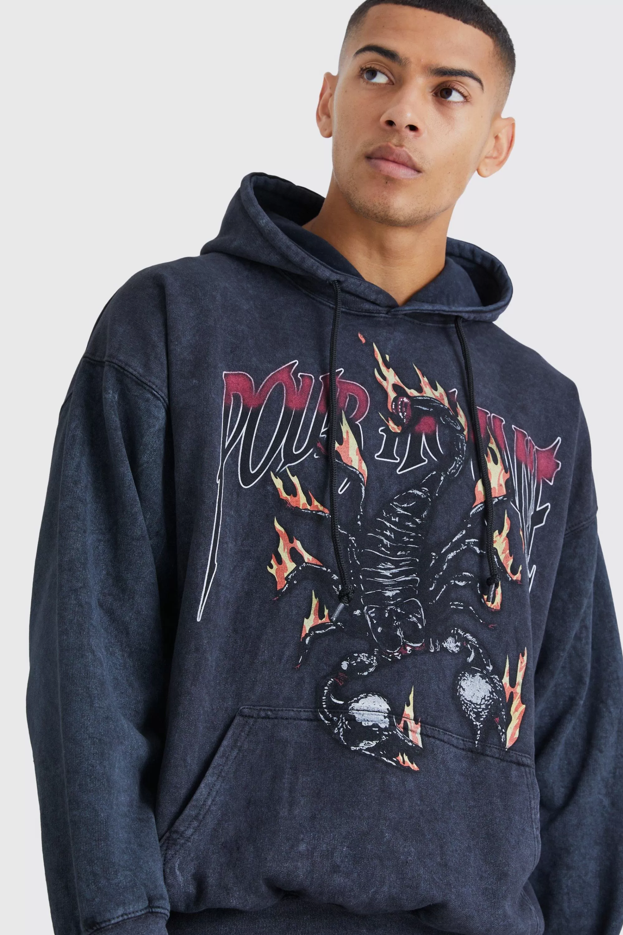 boohooMAN Oversized Scorpion Wash Graphic Hoodie | UK