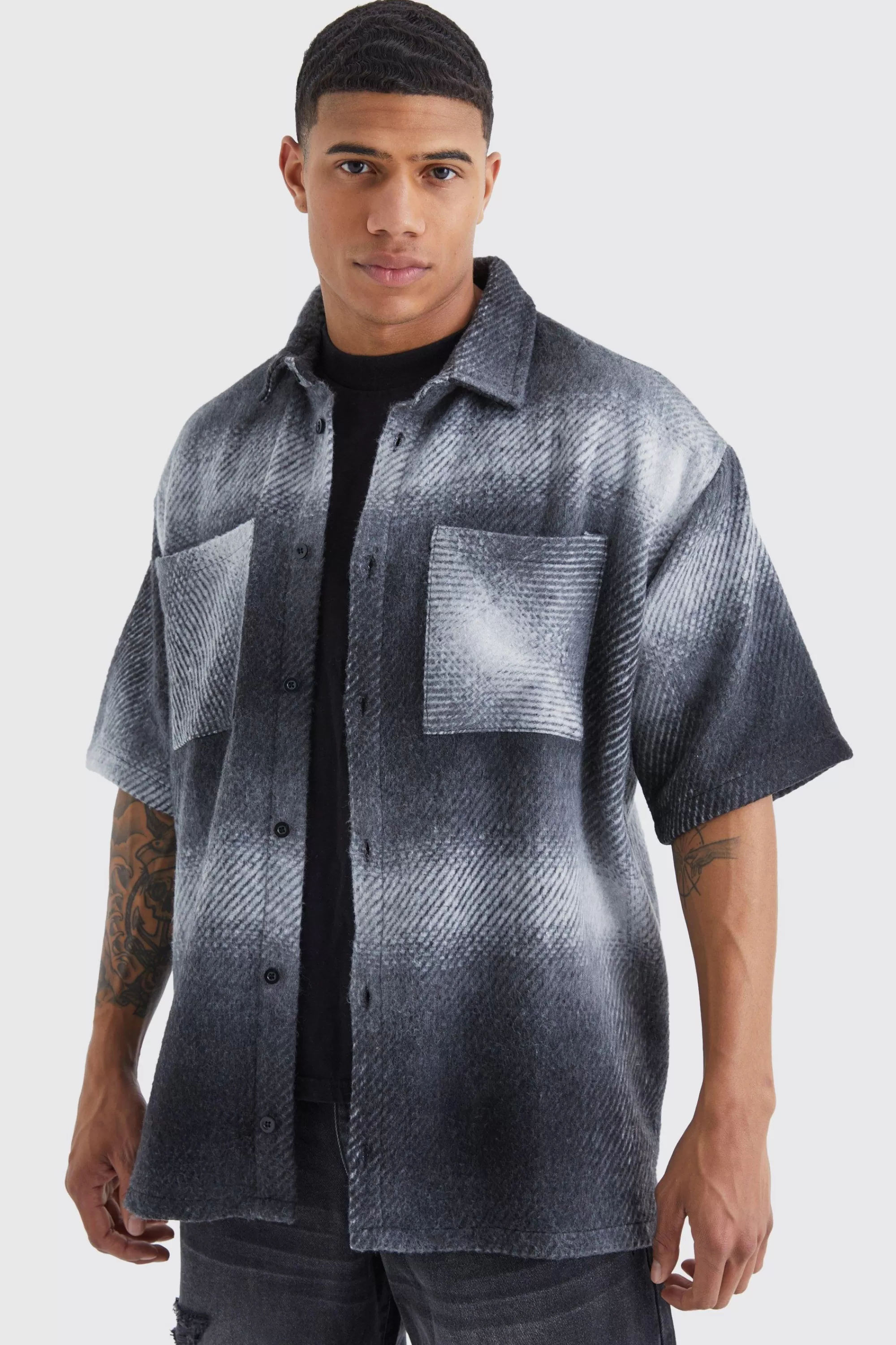 boohooMAN Oversized Short Sleeve Fleece Check Overshirt | UK