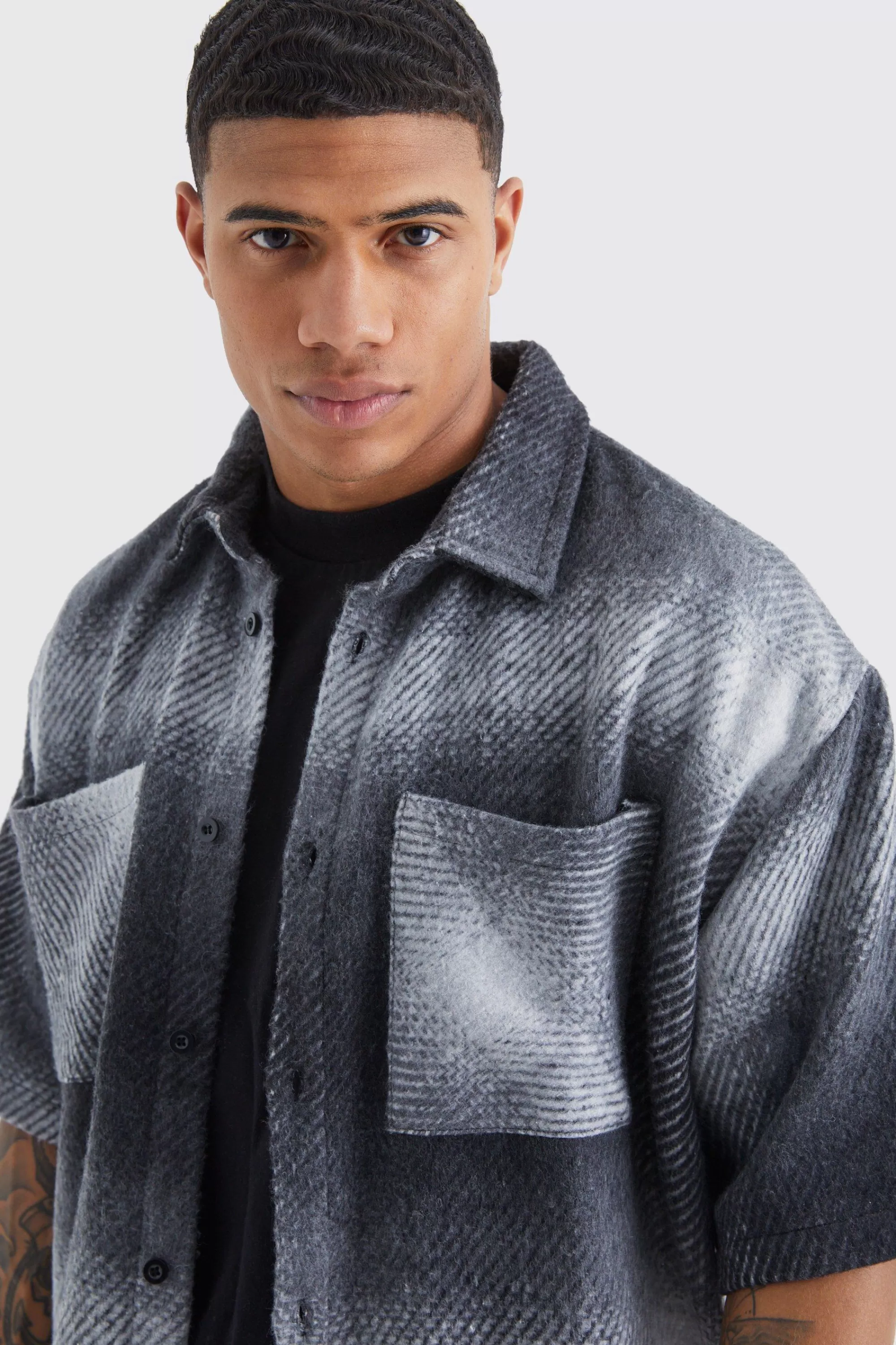 boohooMAN Oversized Short Sleeve Fleece Check Overshirt | UK
