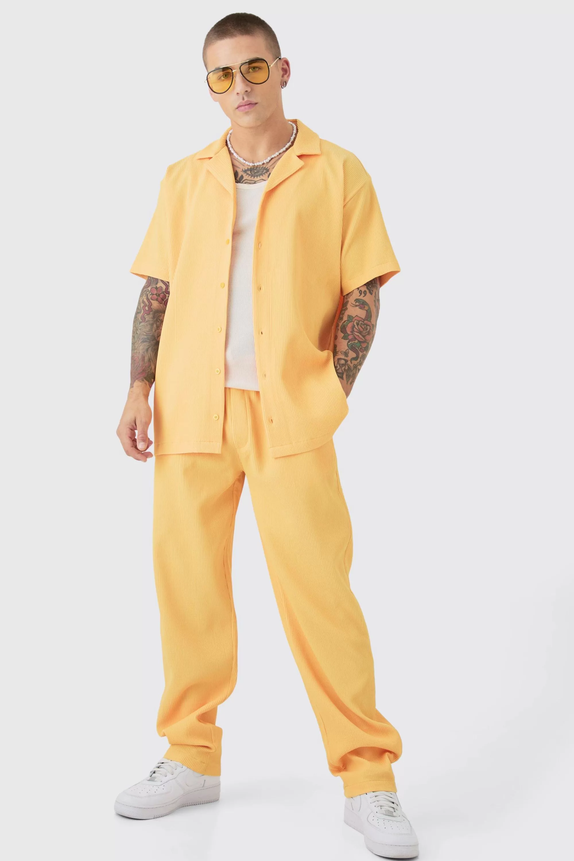 boohooMAN Oversized Short Sleeve Pleated Shirt & Straight Trouser Set | UK