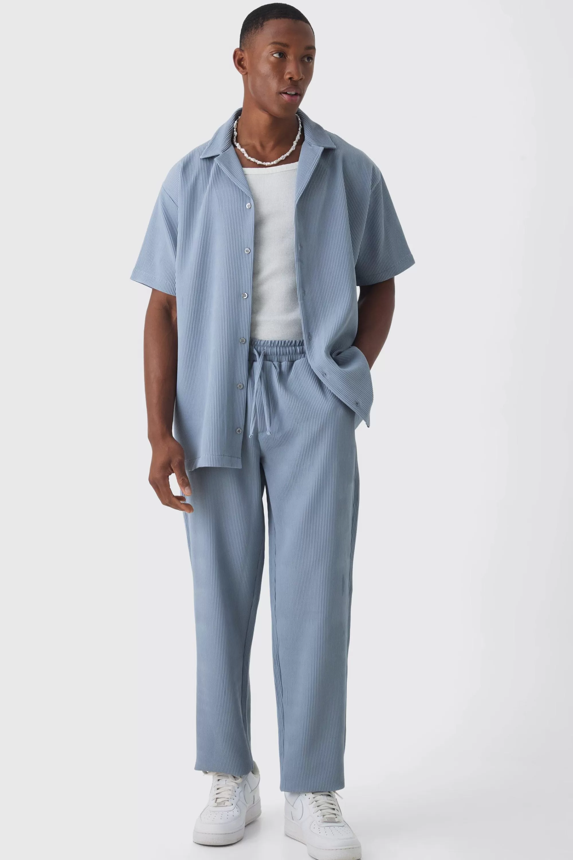 boohooMAN Oversized Short Sleeve Pleated Shirt & Straight Trouser Set | UK