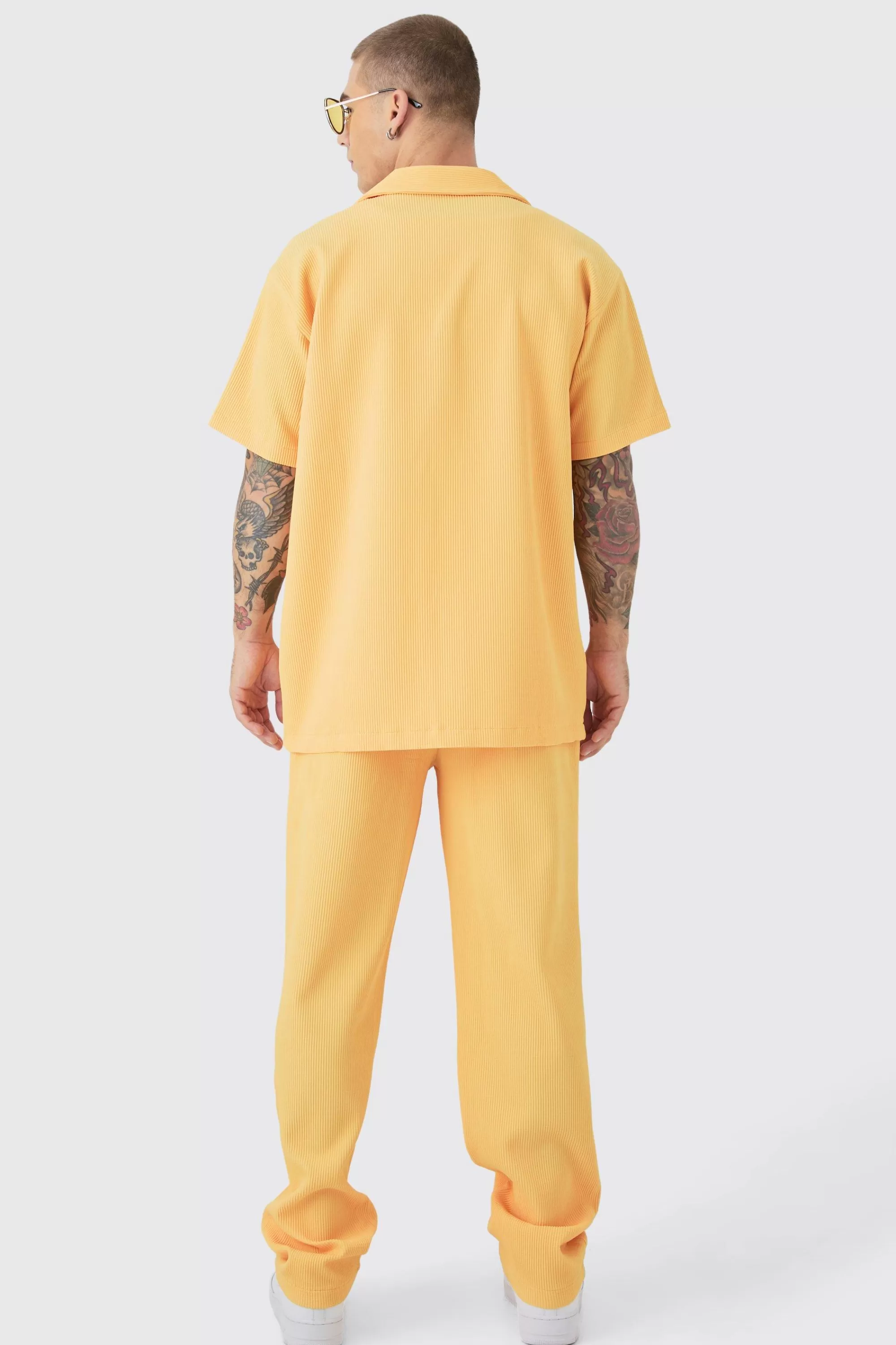 boohooMAN Oversized Short Sleeve Pleated Shirt & Straight Trouser Set | UK