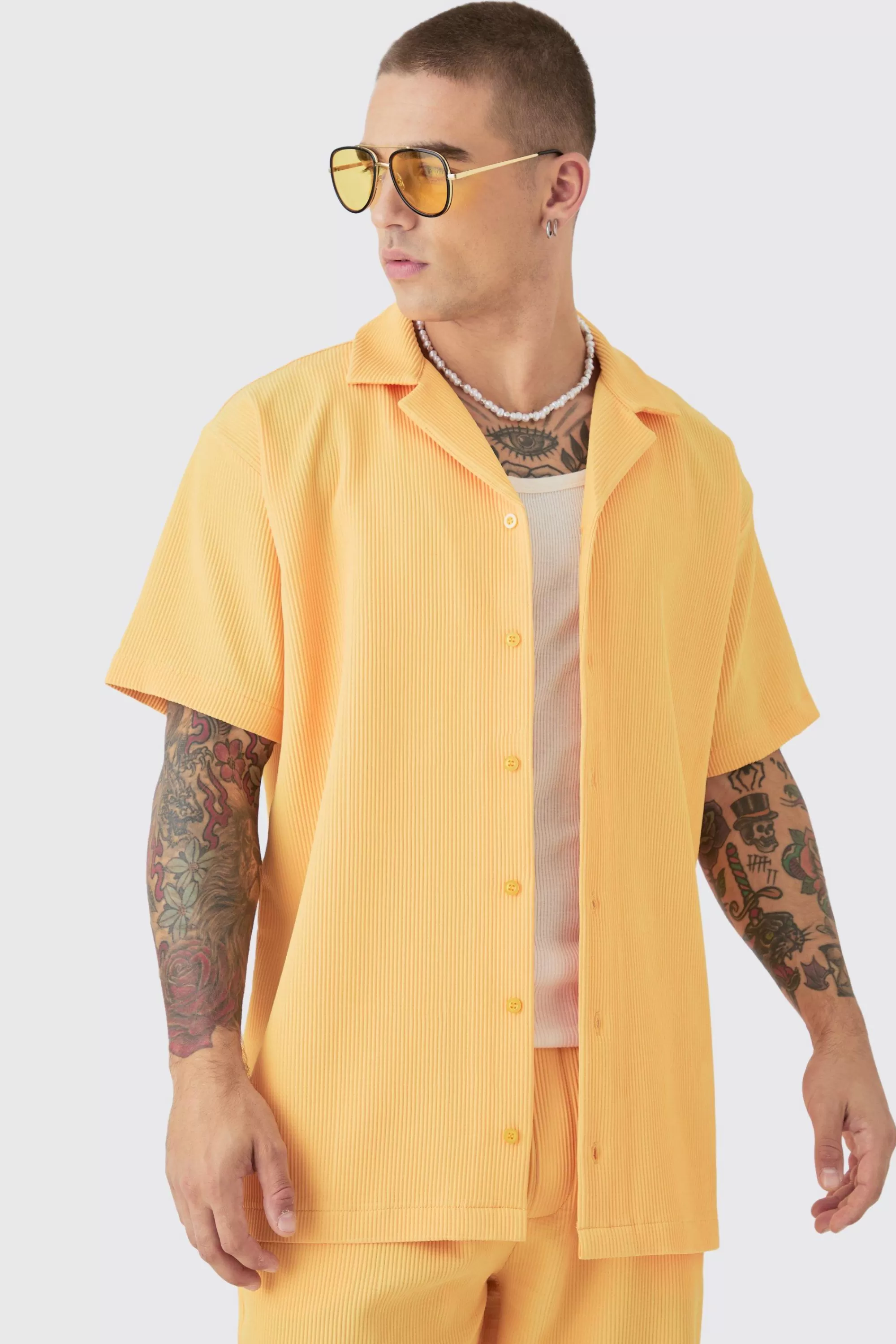 boohooMAN Oversized Short Sleeve Pleated Shirt & Straight Trouser Set | UK