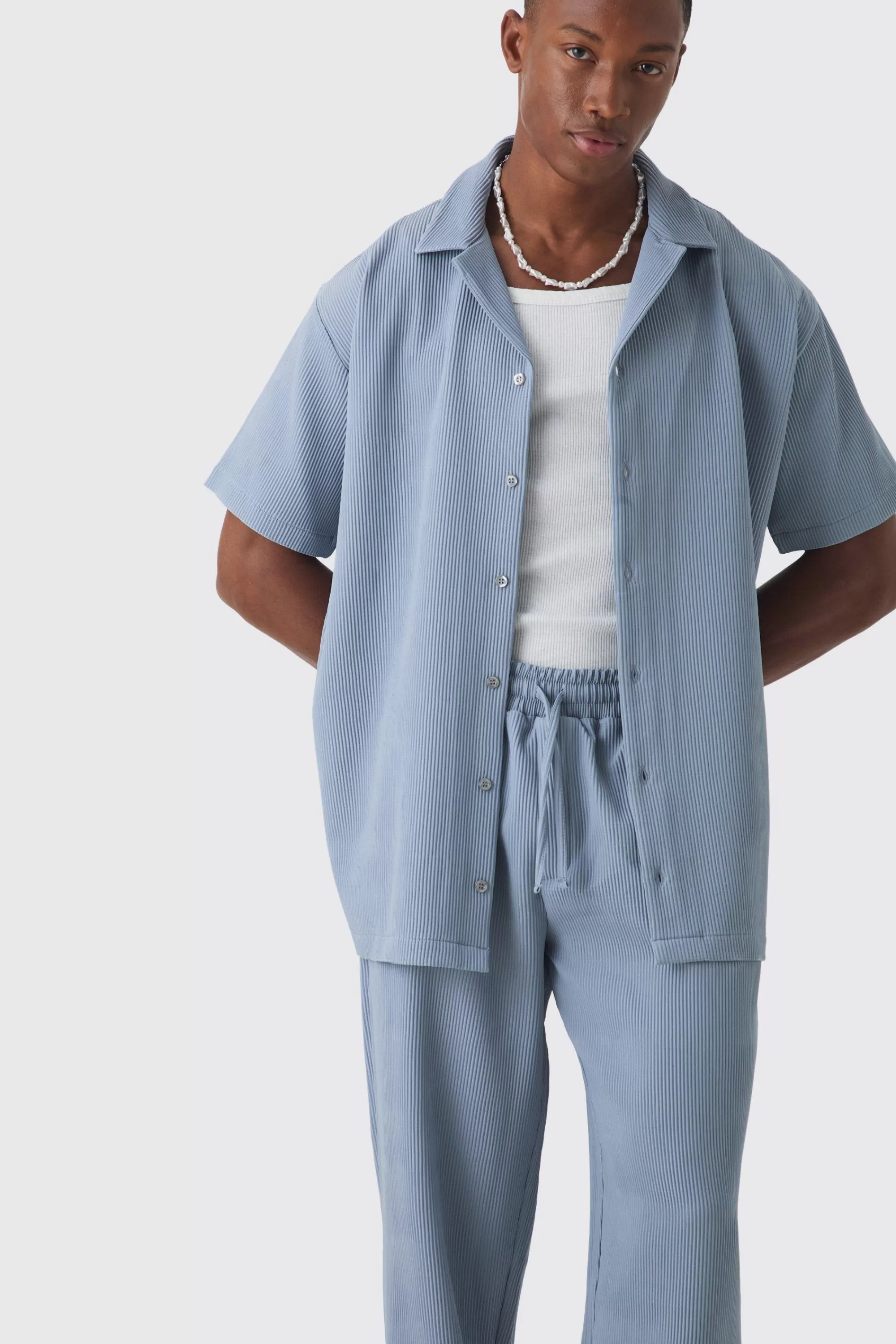 boohooMAN Oversized Short Sleeve Pleated Shirt & Straight Trouser Set | UK