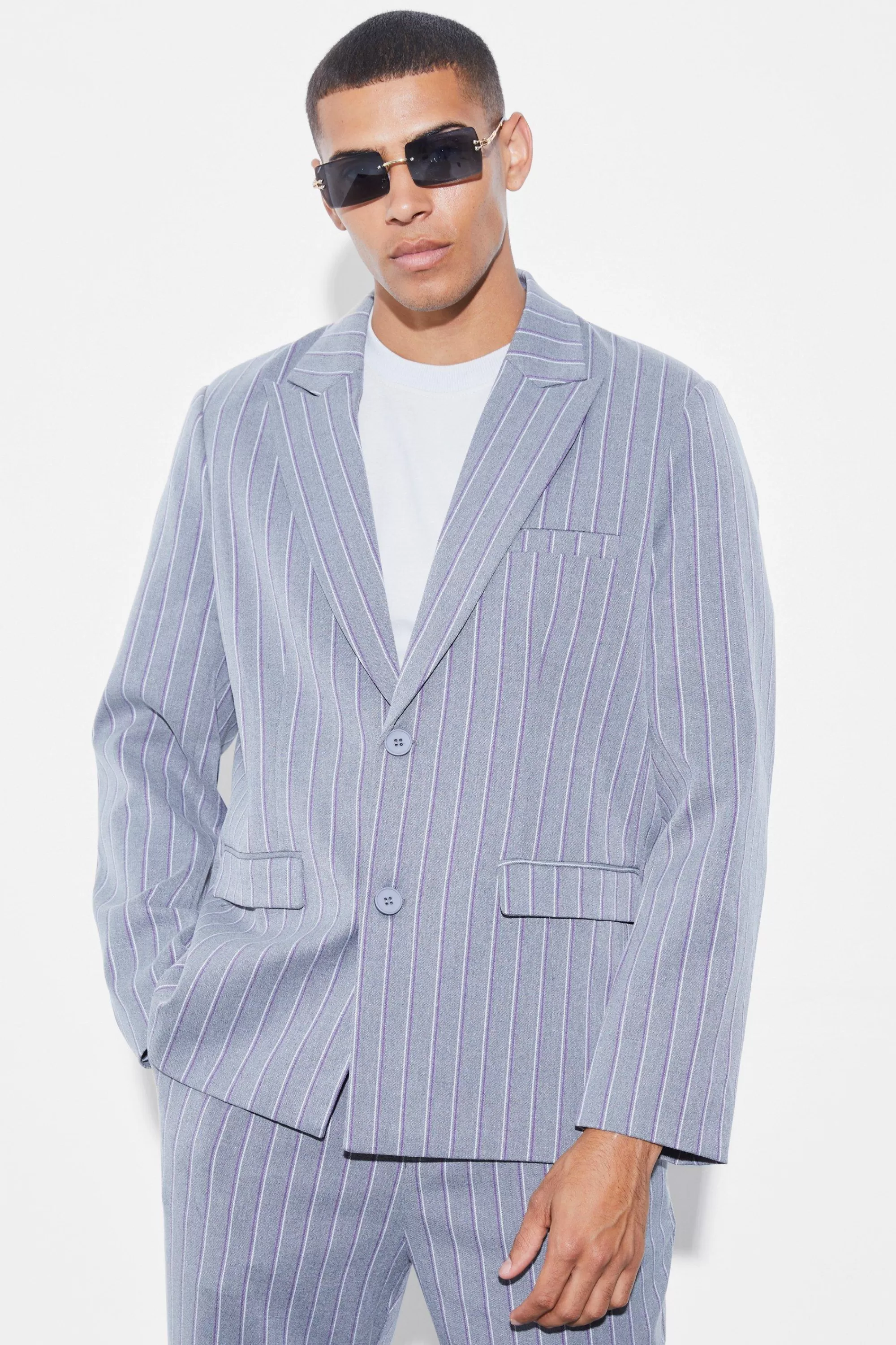 boohooMAN Oversized Single Breasted Stripe Suit Jacket | UK