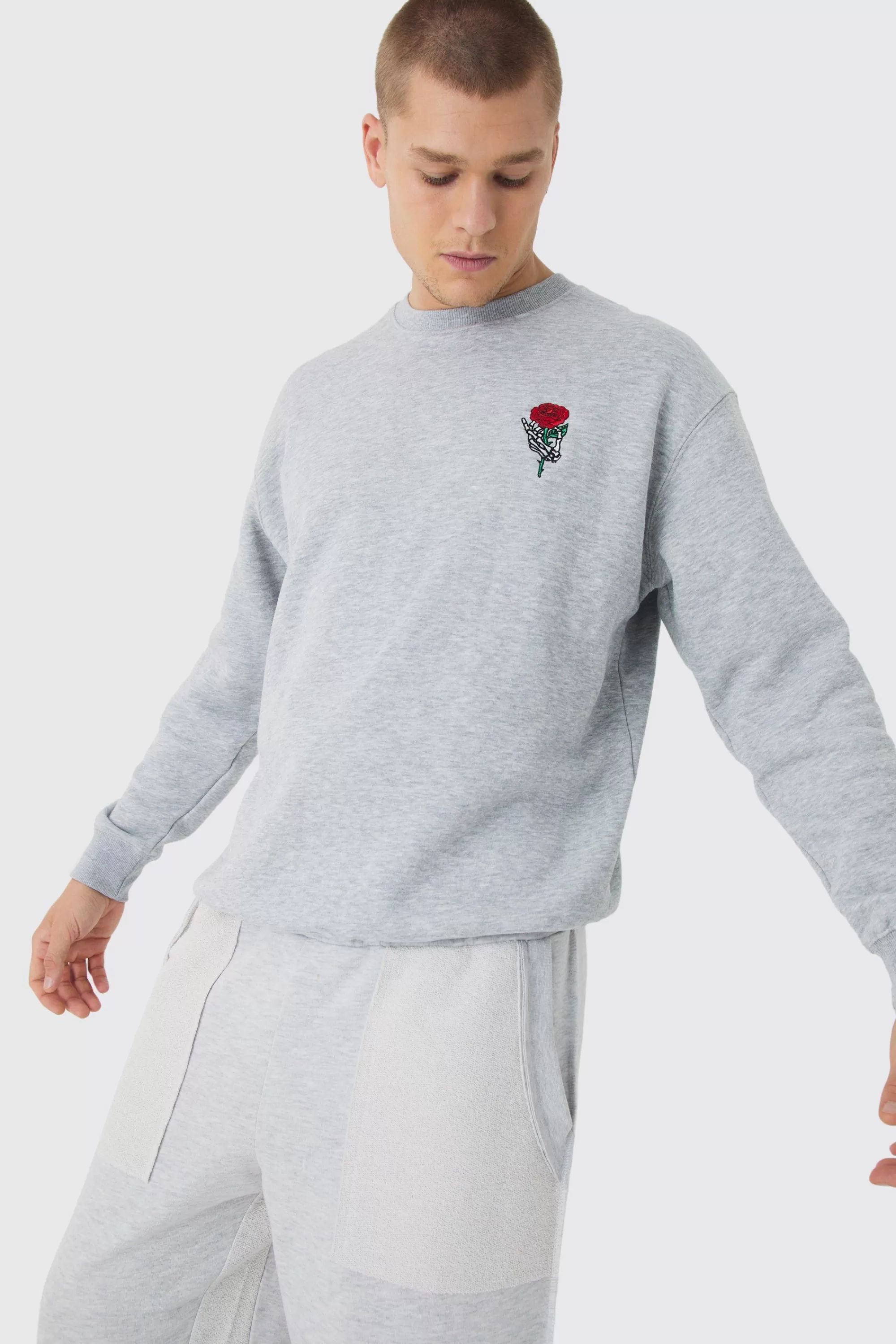 boohooMAN Oversized Skeleton Rose Embroidery Sweatshirt | UK
