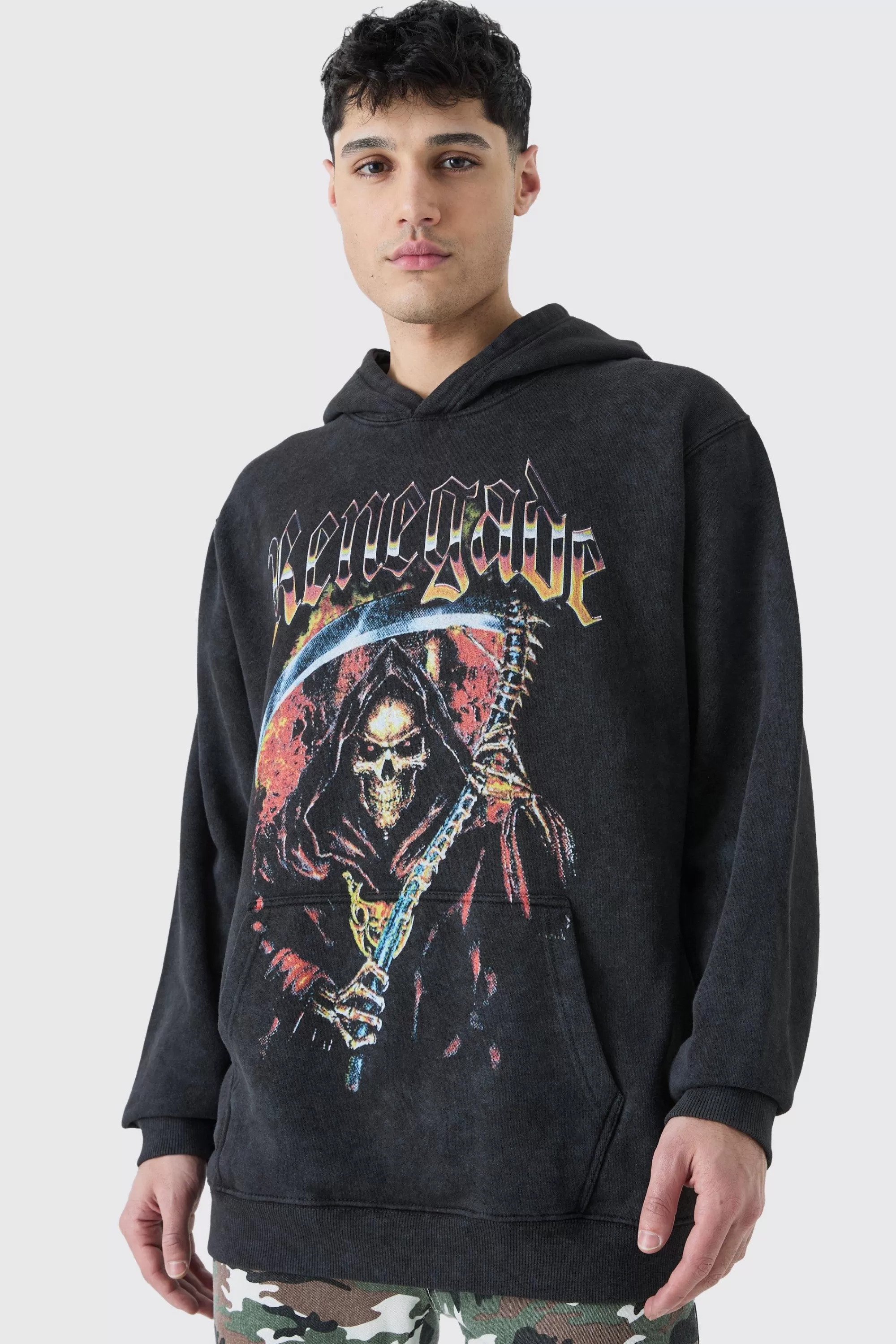 boohooMAN Oversized Skull Graphic Acid Wash Hoodie | UK