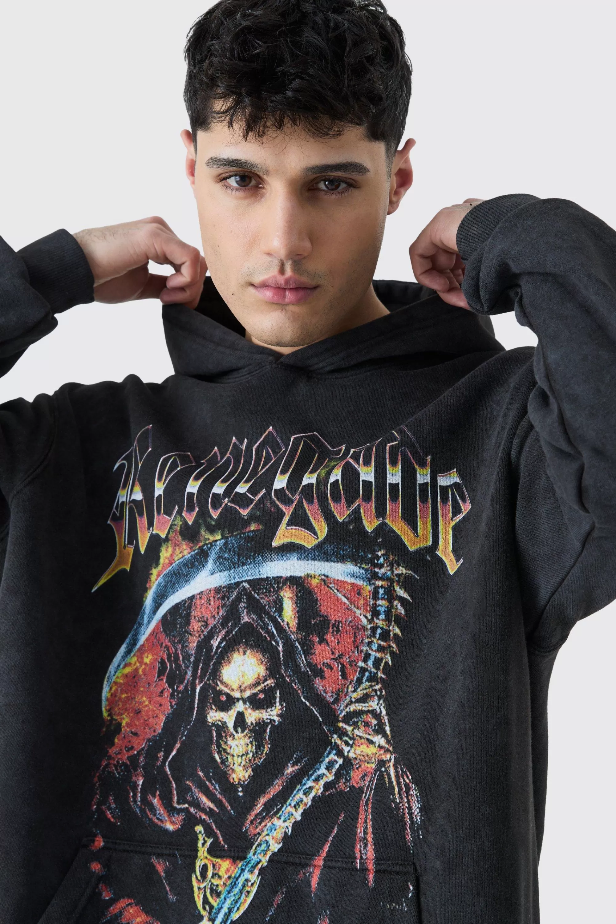 boohooMAN Oversized Skull Graphic Acid Wash Hoodie | UK