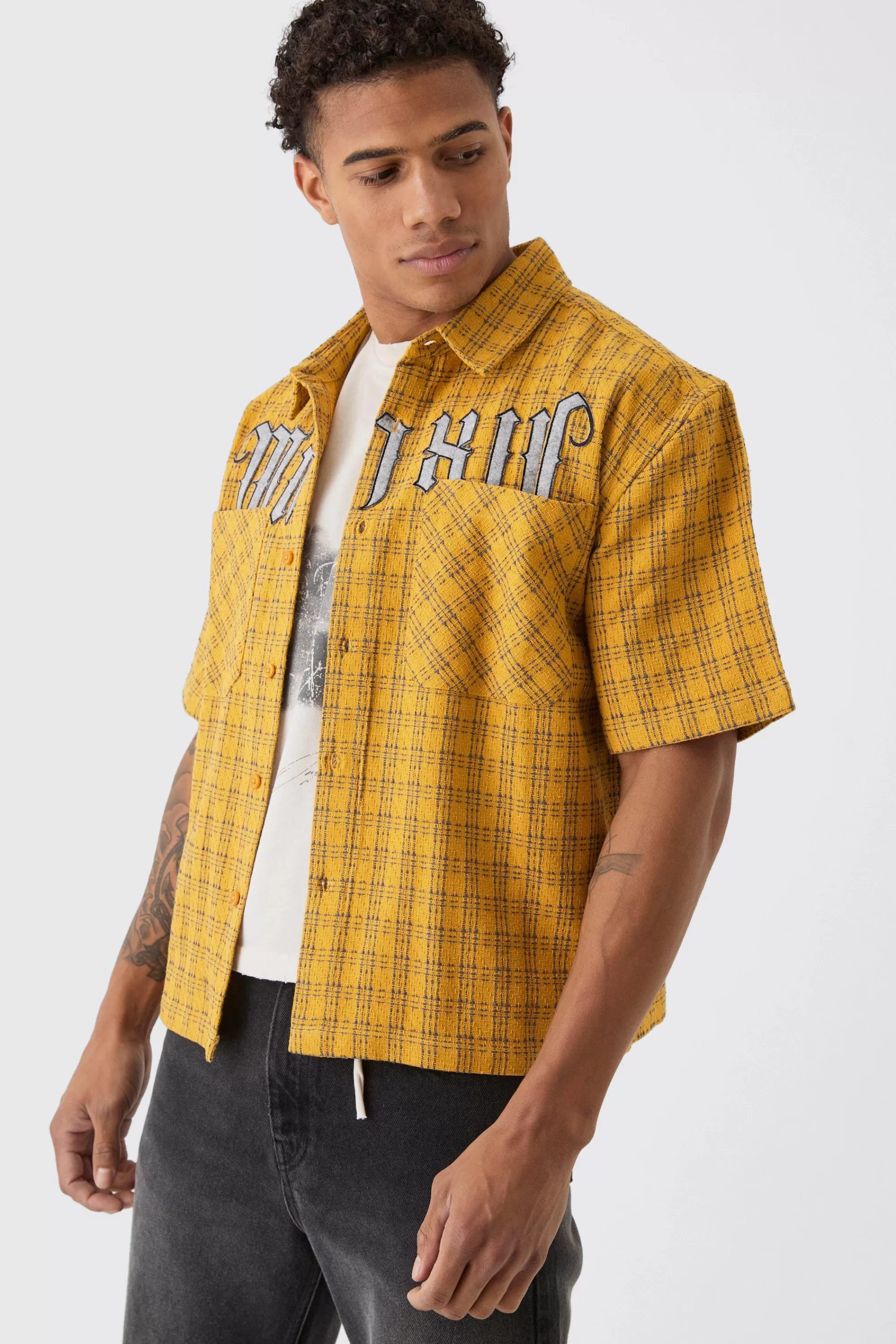 boohooMAN Oversized Small Check Double Pocket Boxy Shirt | UK