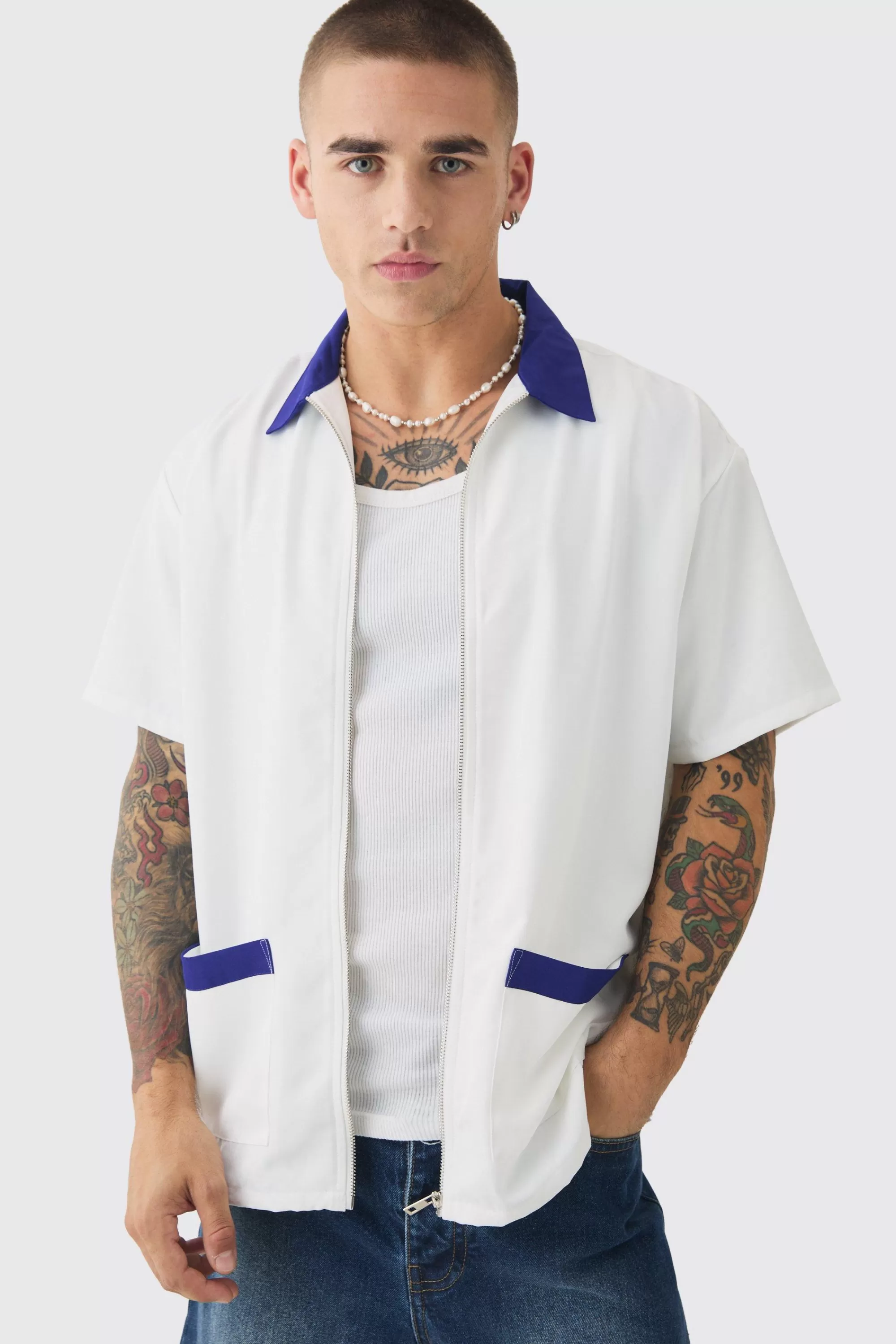 boohooMAN Oversized Soft Twill Contrast Pocket Bowling Shirt | UK