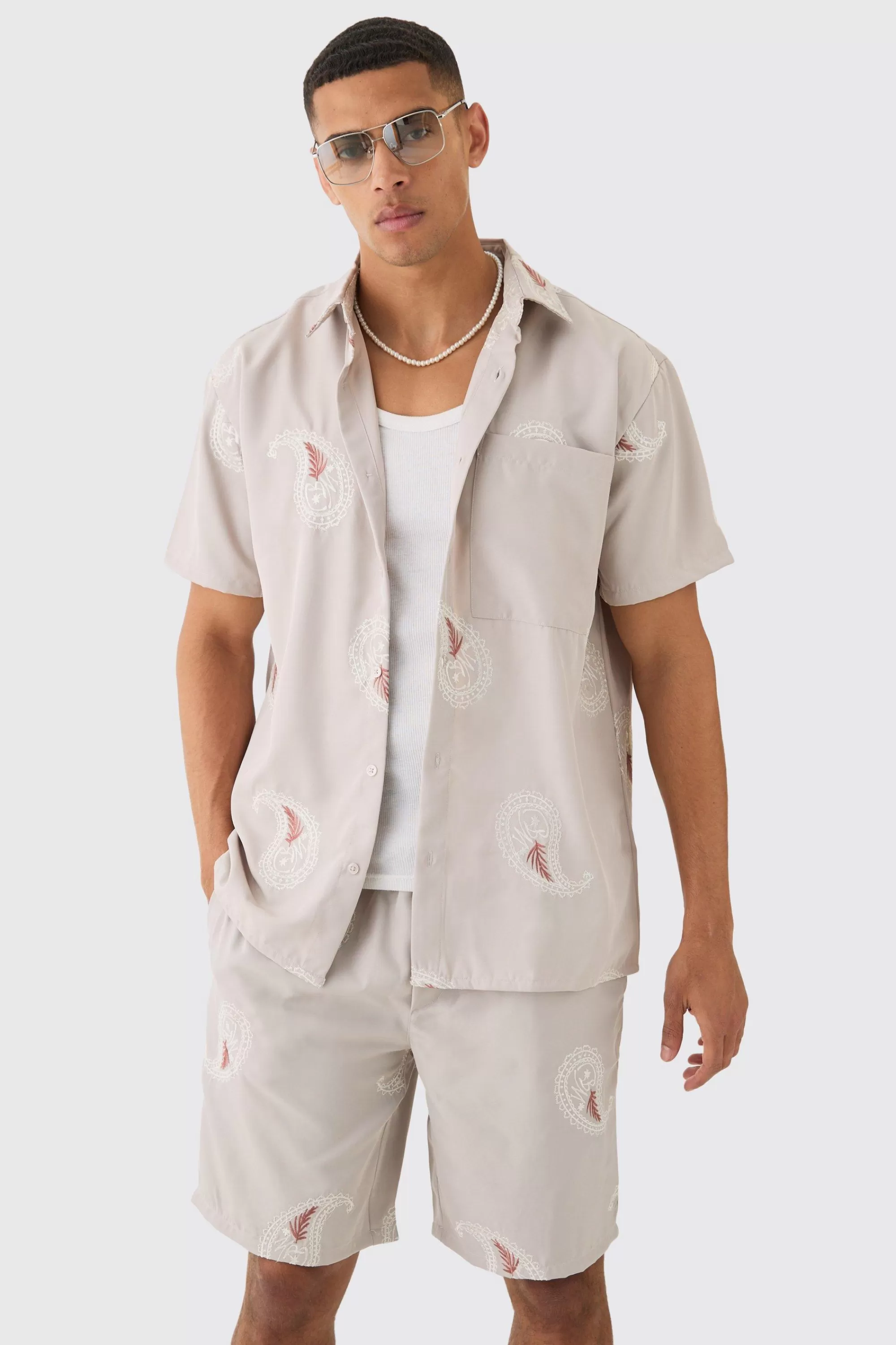 boohooMAN Oversized Soft Twill Paisley Embroidered Shirt And Short | UK