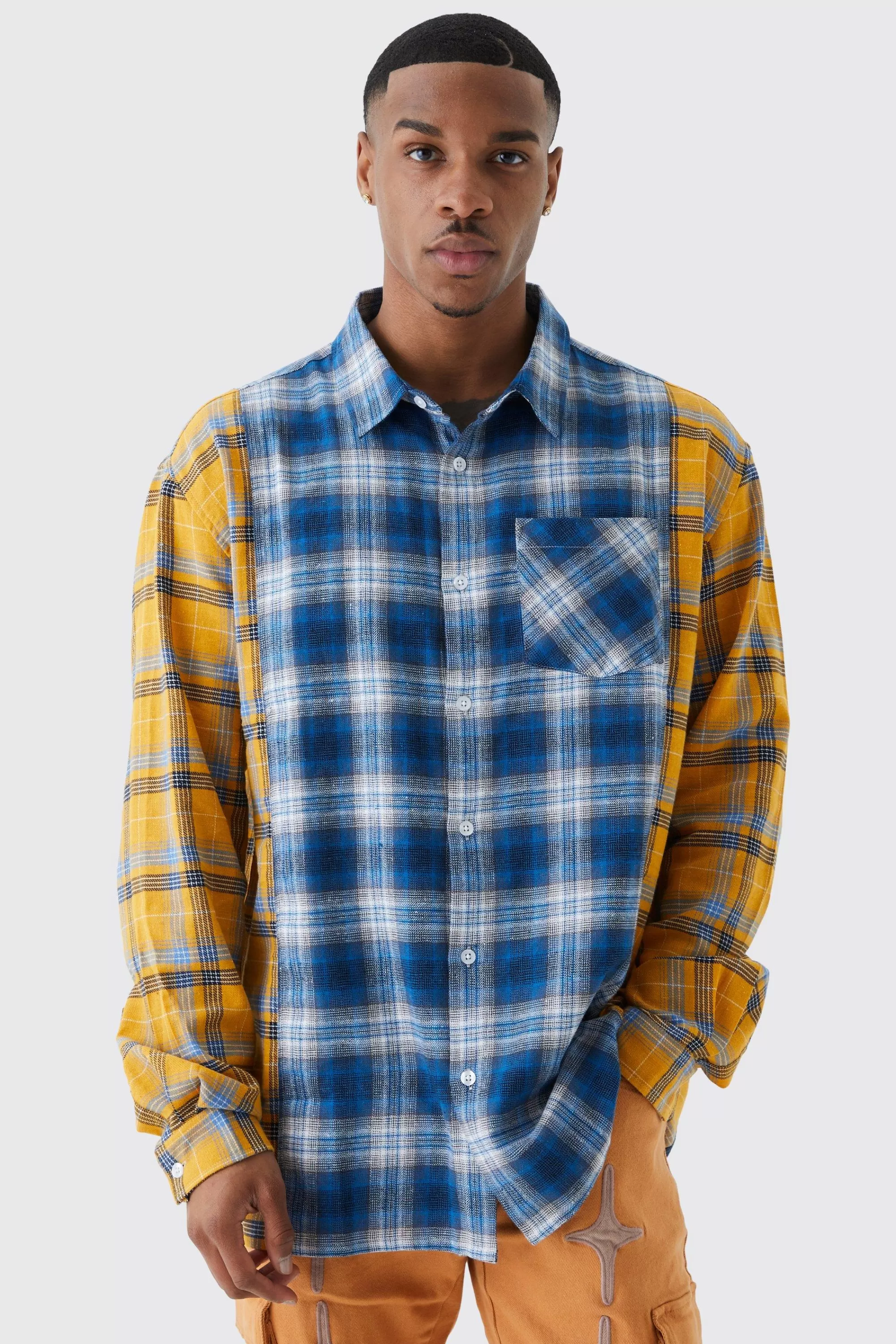 boohooMAN Oversized Spliced Checked Shirt | UK