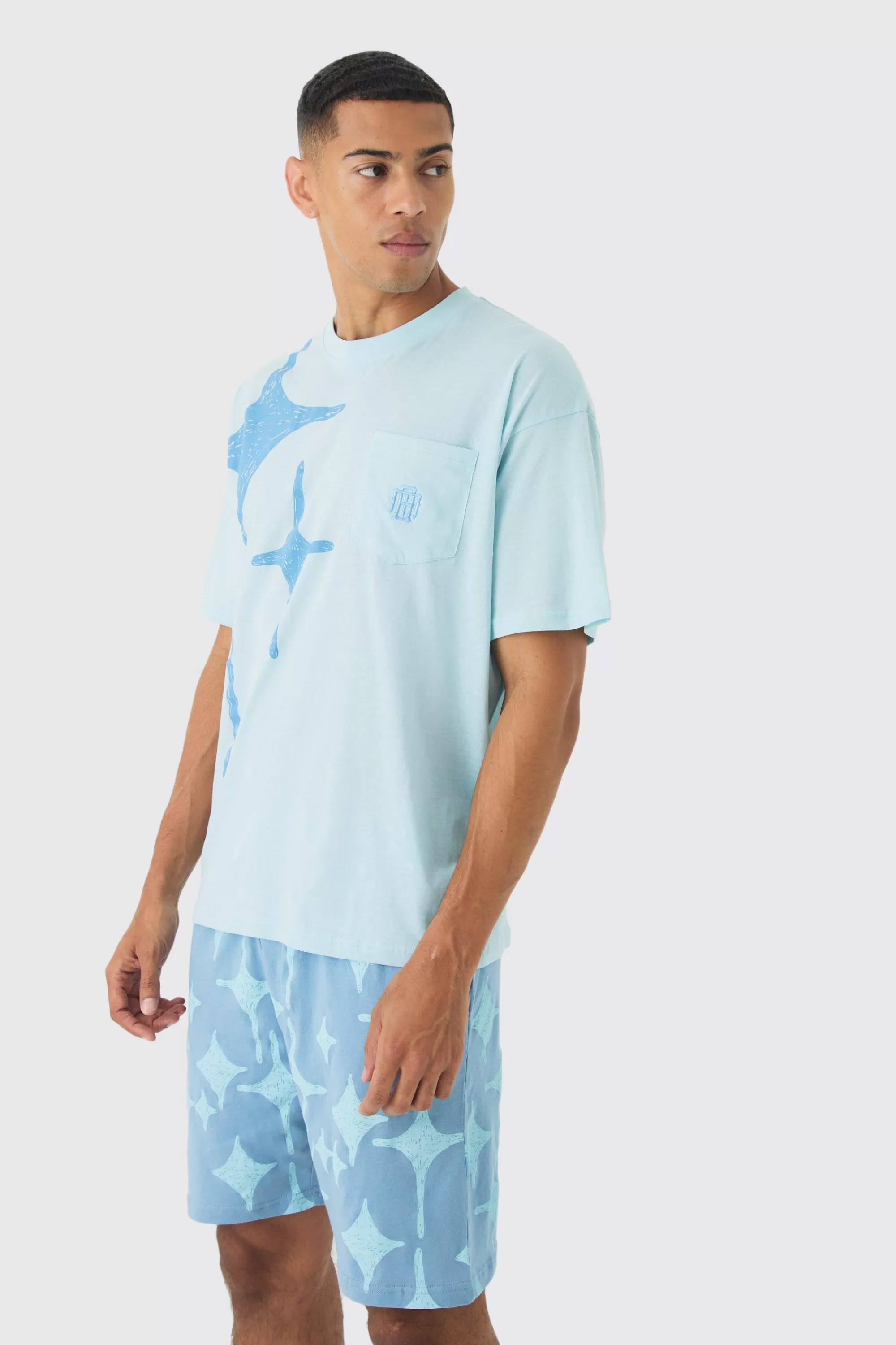 boohooMAN Oversized Star Graphic Short Lounge Set | UK