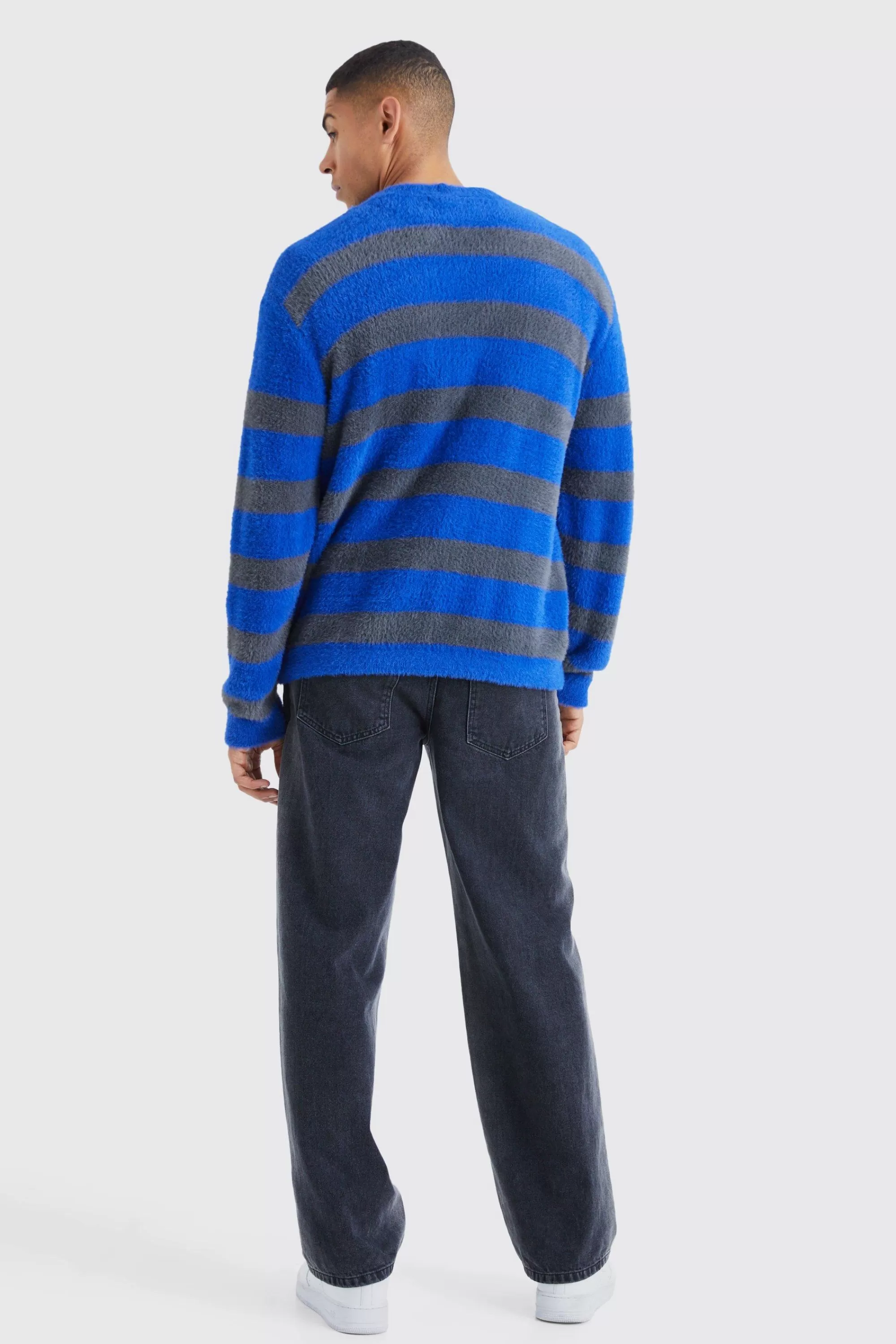 boohooMAN Oversized Stripe Fluffy Cardigan | UK