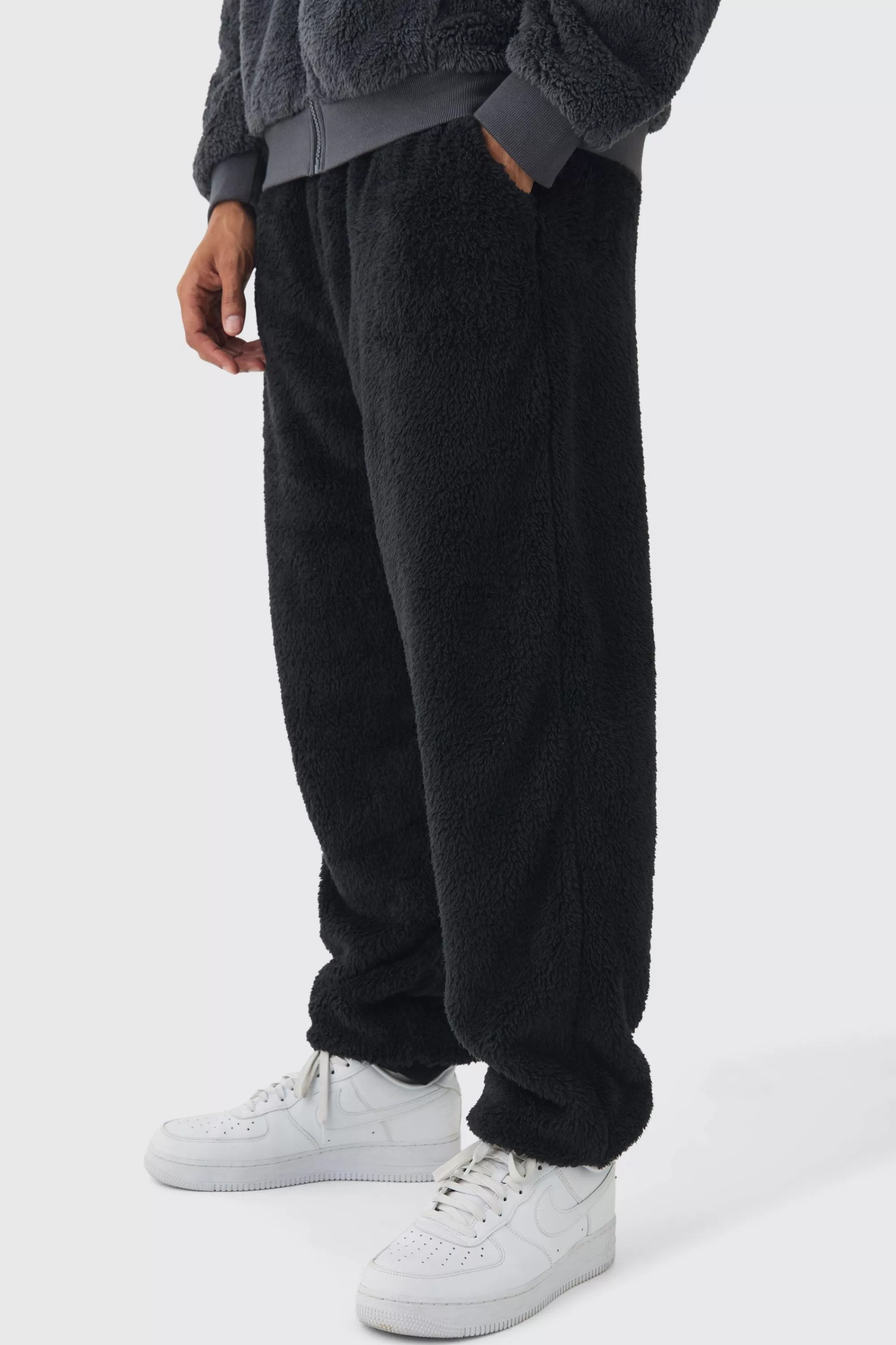 boohooMAN Oversized Teddy Borg Cuffed Joggers | UK