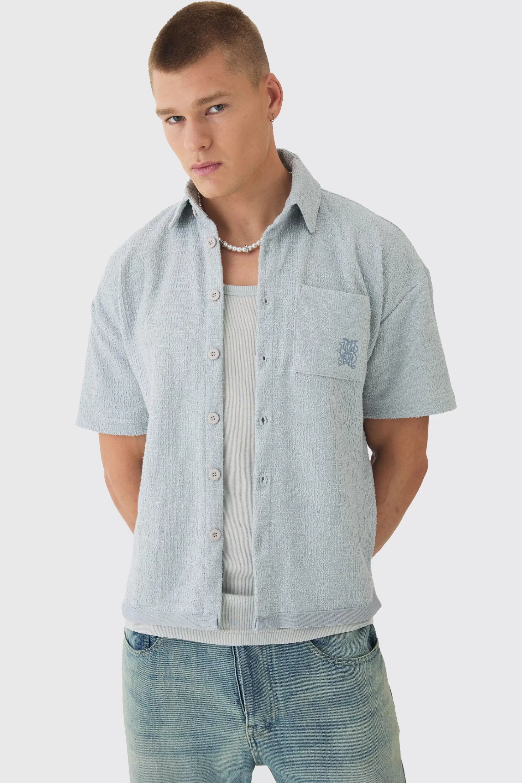 boohooMAN Oversized Textured Embroidered Shirt | UK