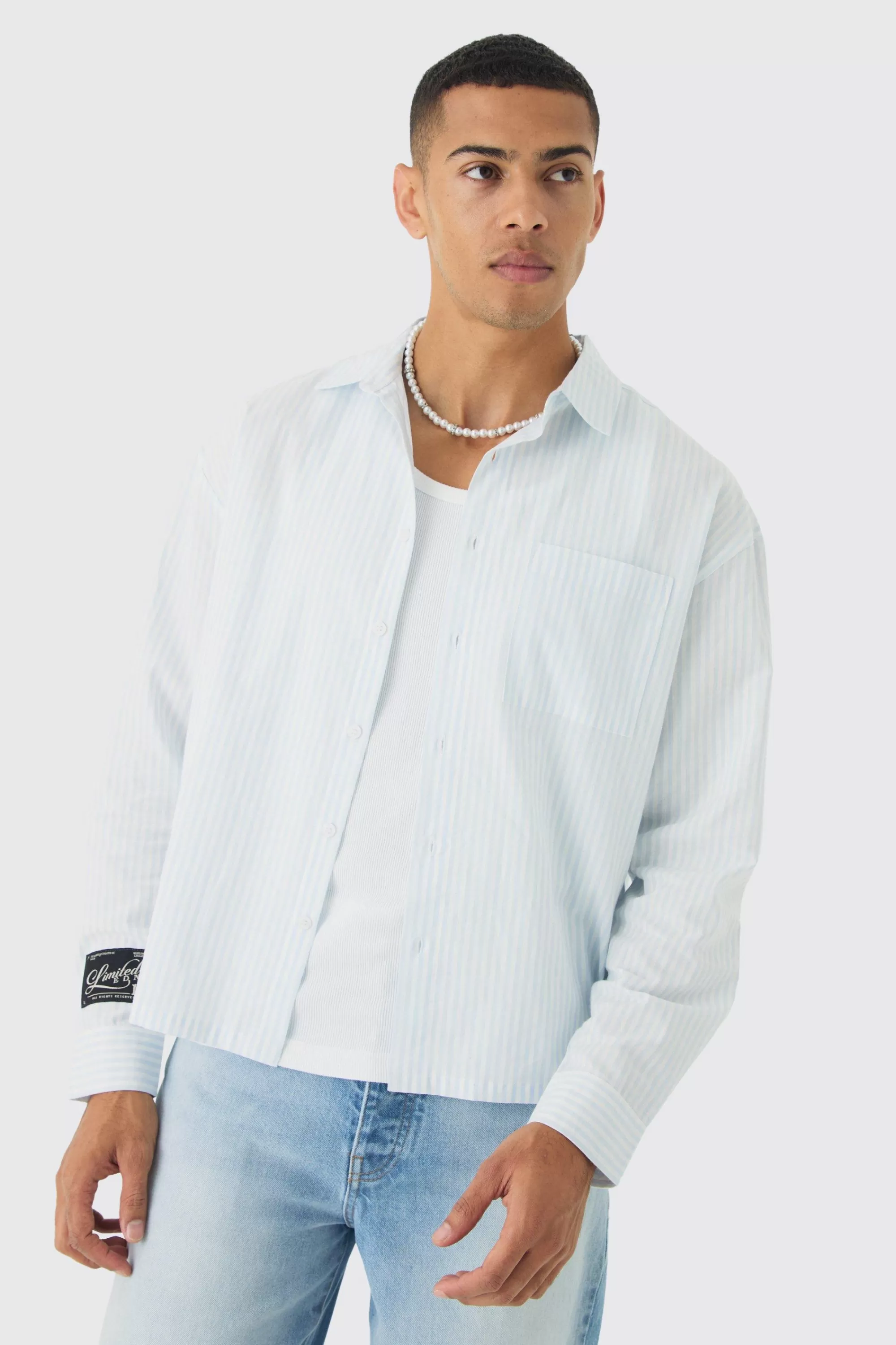 boohooMAN Oversized Textured Stripe Long Sleeve Boxy Shirt | UK