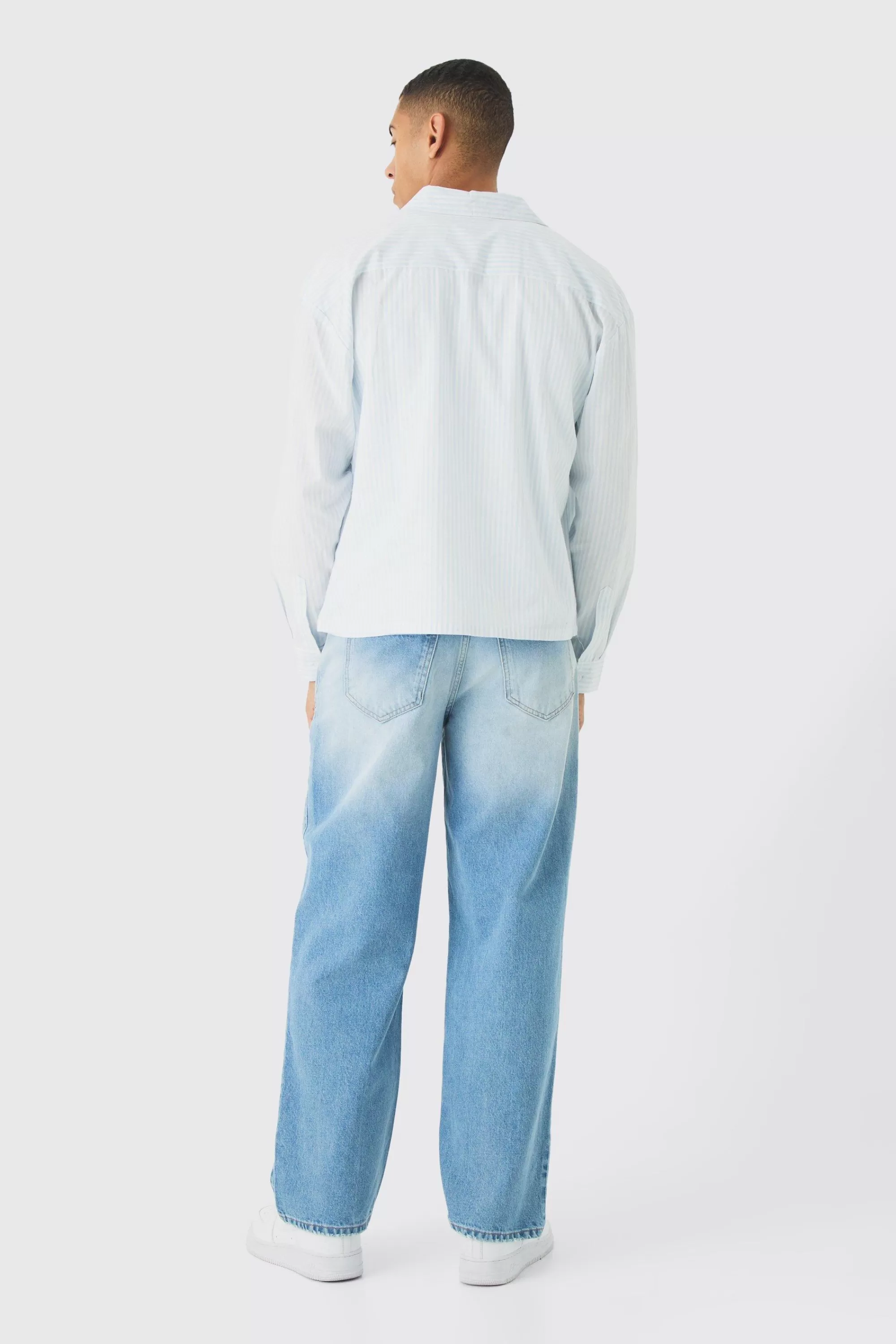boohooMAN Oversized Textured Stripe Long Sleeve Boxy Shirt | UK