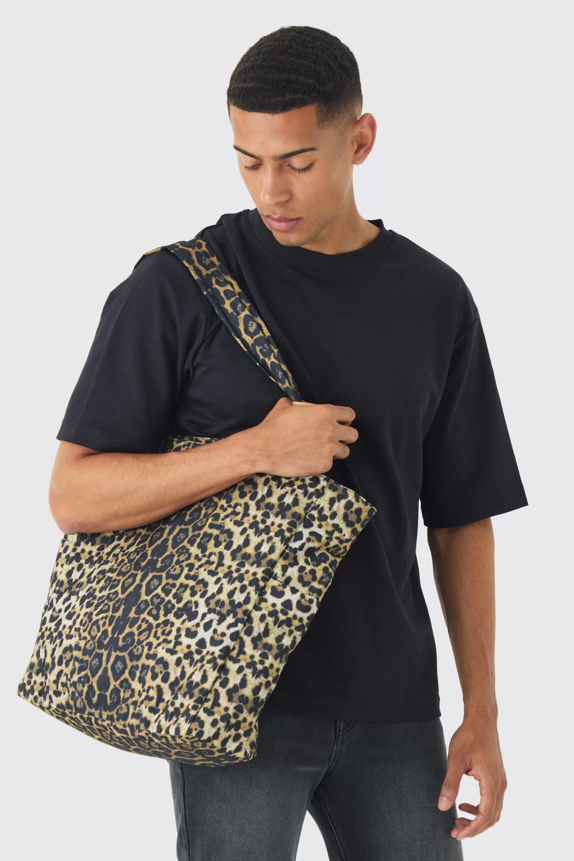 boohooMAN Oversized Tote Bag In Leopard Print | UK