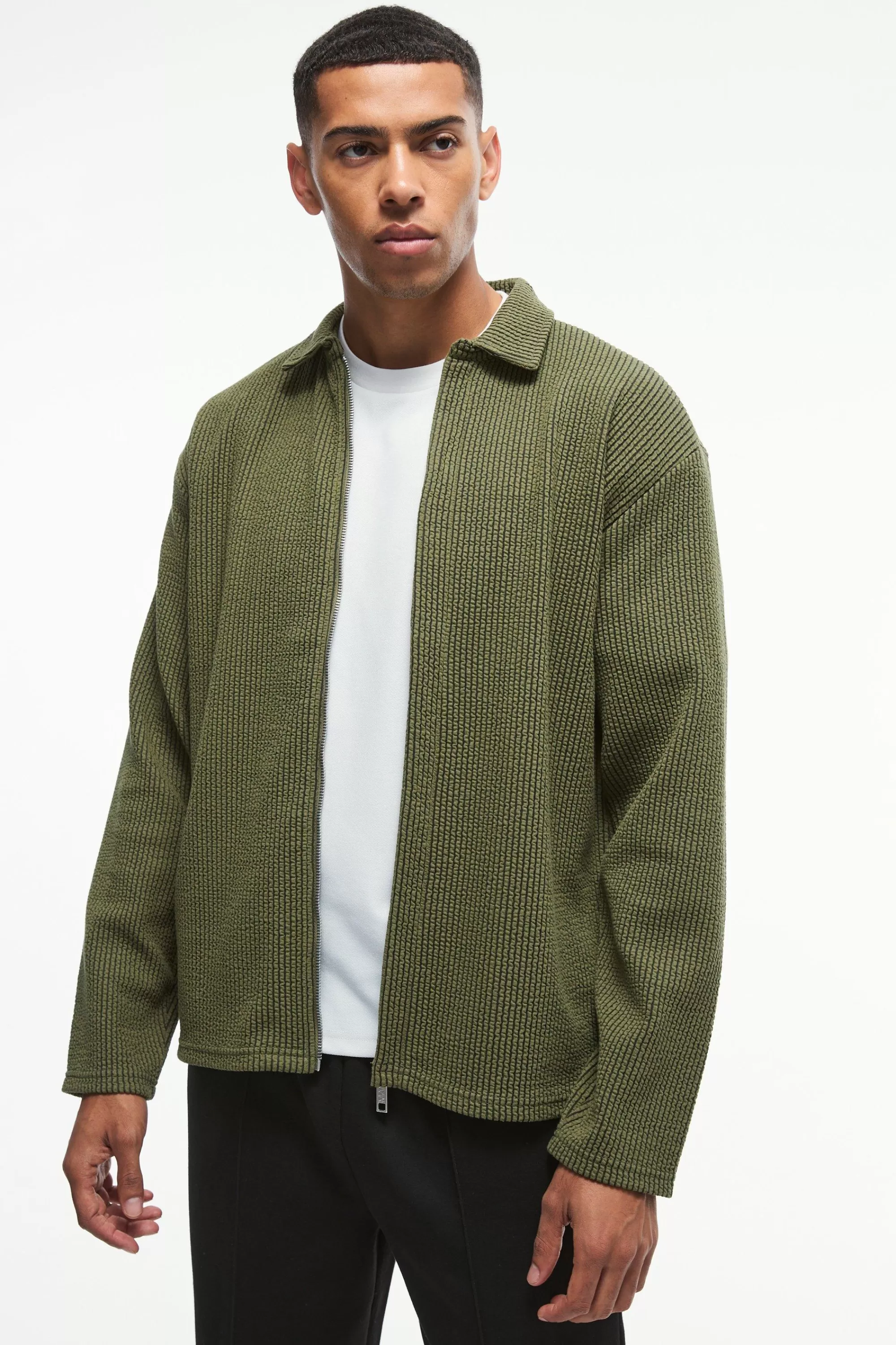 boohooMAN Oversized Two-tone Zip Through Ribbed Jersey Shirt | UK