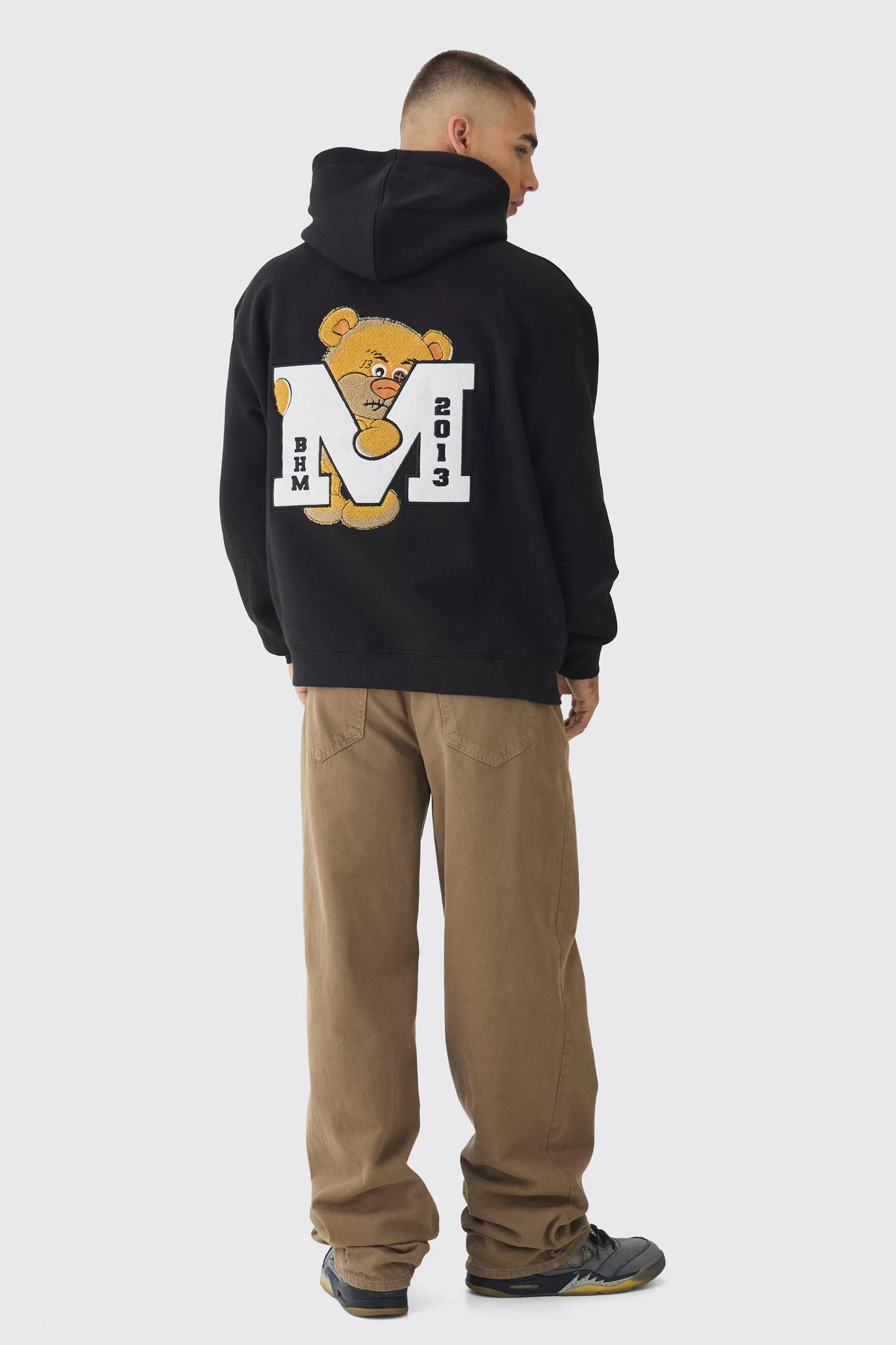 boohooMAN Oversized Varsity Applique Bear Hoodie | UK