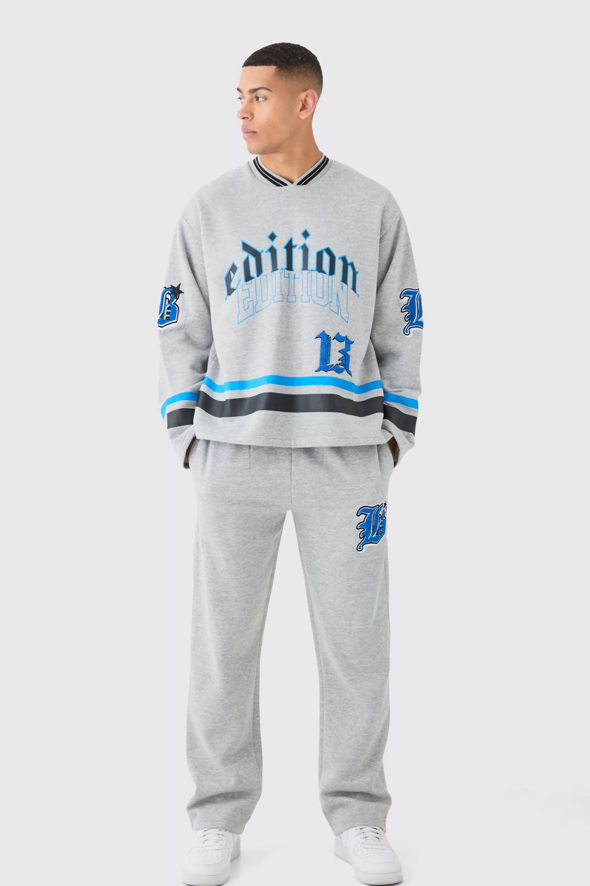 boohooMAN Oversized Varsity Applique V Neck Sweatshirt Tracksuit | UK