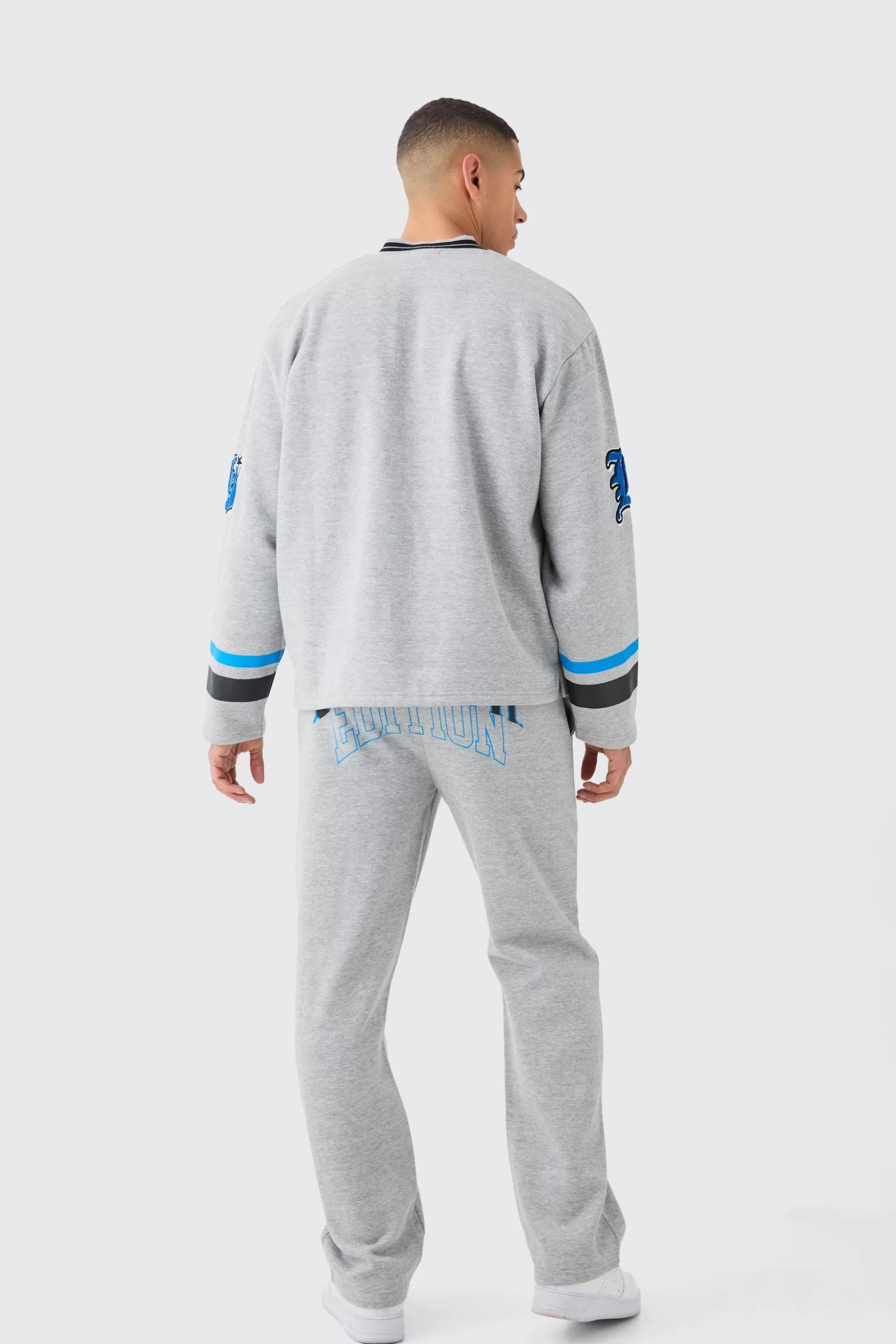 boohooMAN Oversized Varsity Applique V Neck Sweatshirt Tracksuit | UK