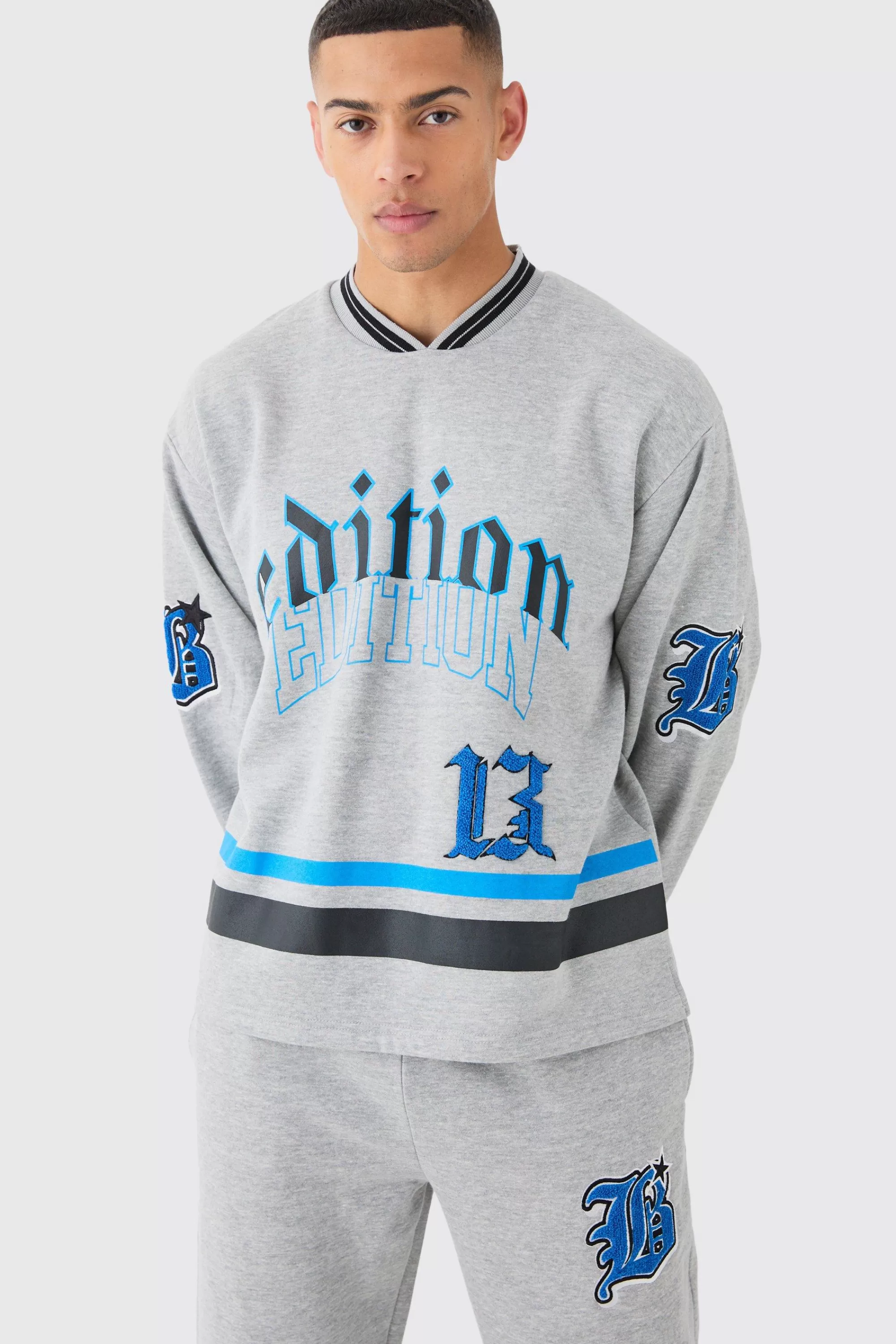 boohooMAN Oversized Varsity Applique V Neck Sweatshirt Tracksuit | UK