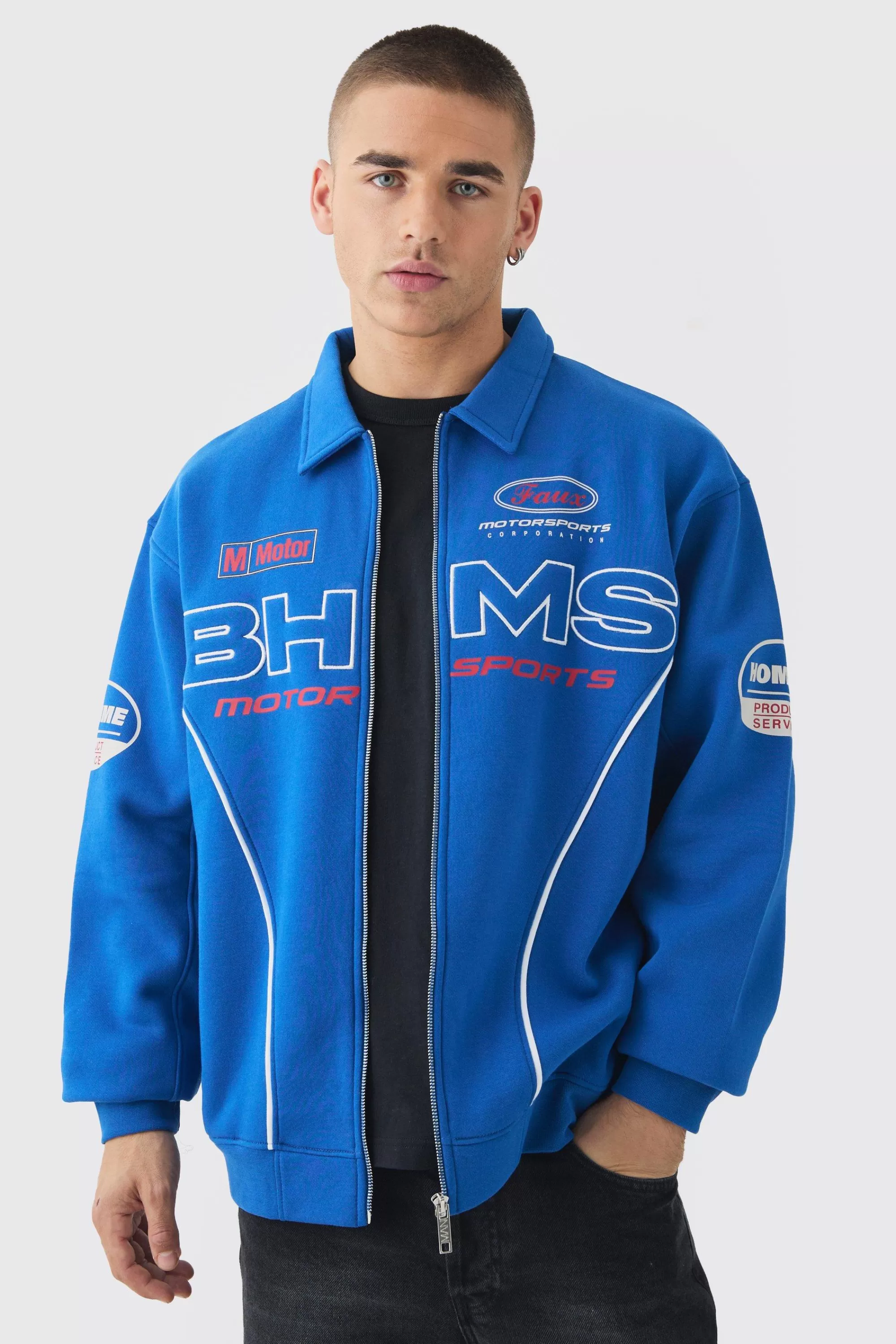 boohooMAN Oversized Varsity BHMS Embroidered Jersey Bomber Jacket | UK