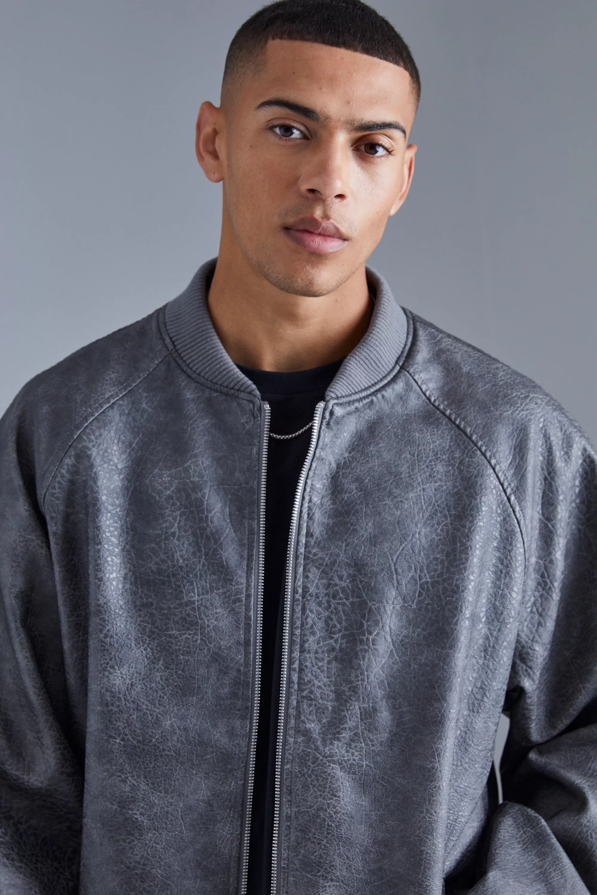 boohooMAN Oversized Vintage Cracked Pu Raglan Bomber | UK