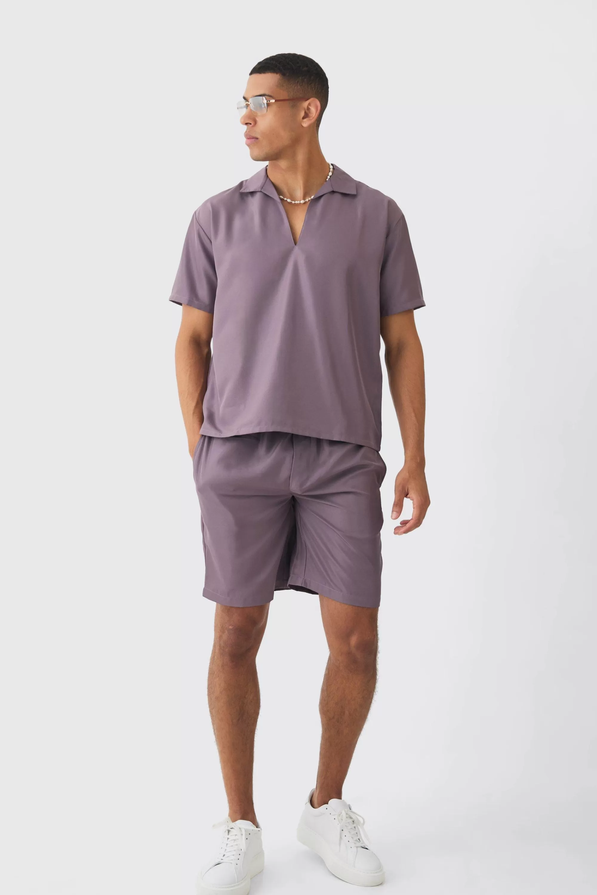 boohooMAN Oversized V-neck Soft Twill Shirt & Short Set | UK