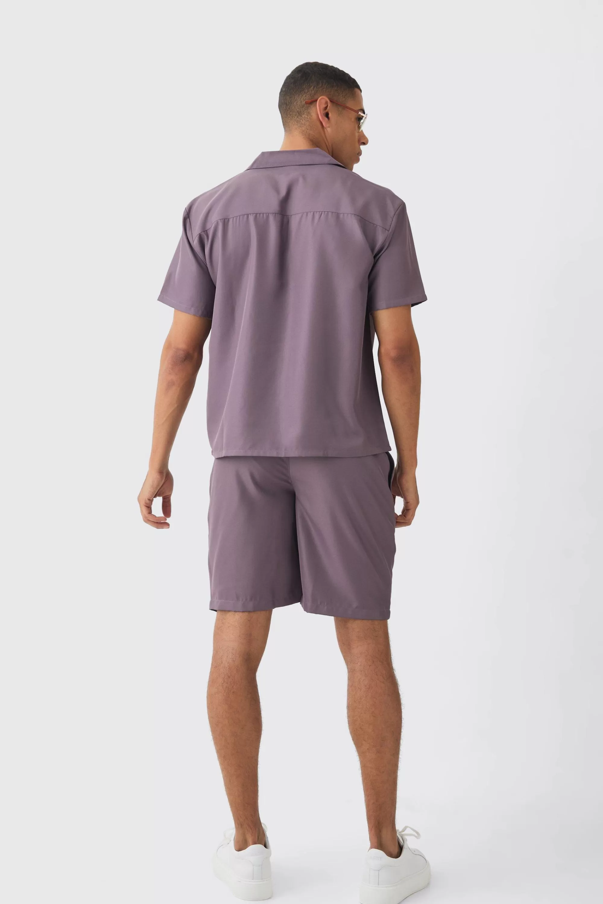 boohooMAN Oversized V-neck Soft Twill Shirt & Short Set | UK