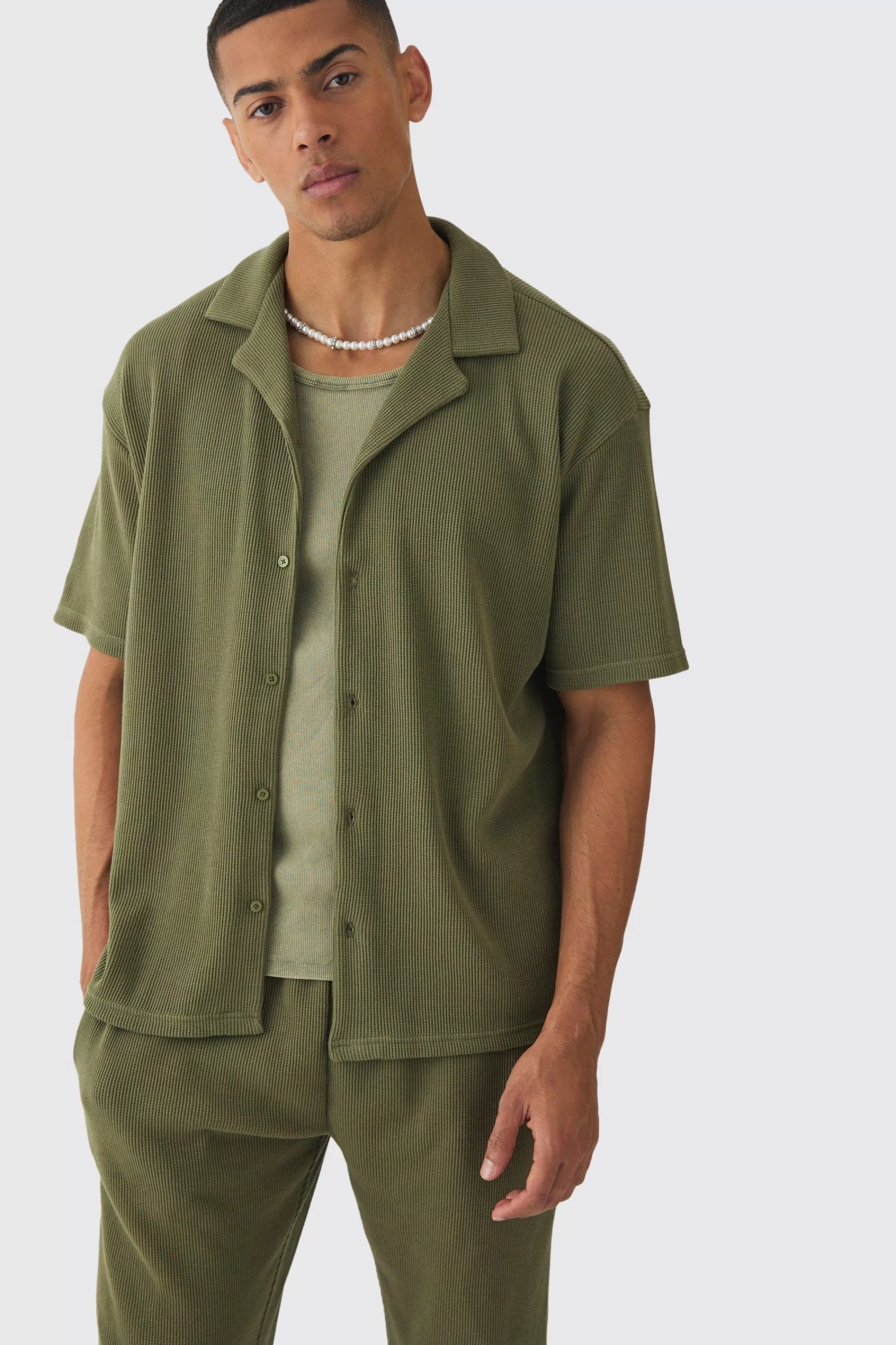 boohooMAN Oversized Waffle Shirt & Relaxed Jogger Set | UK