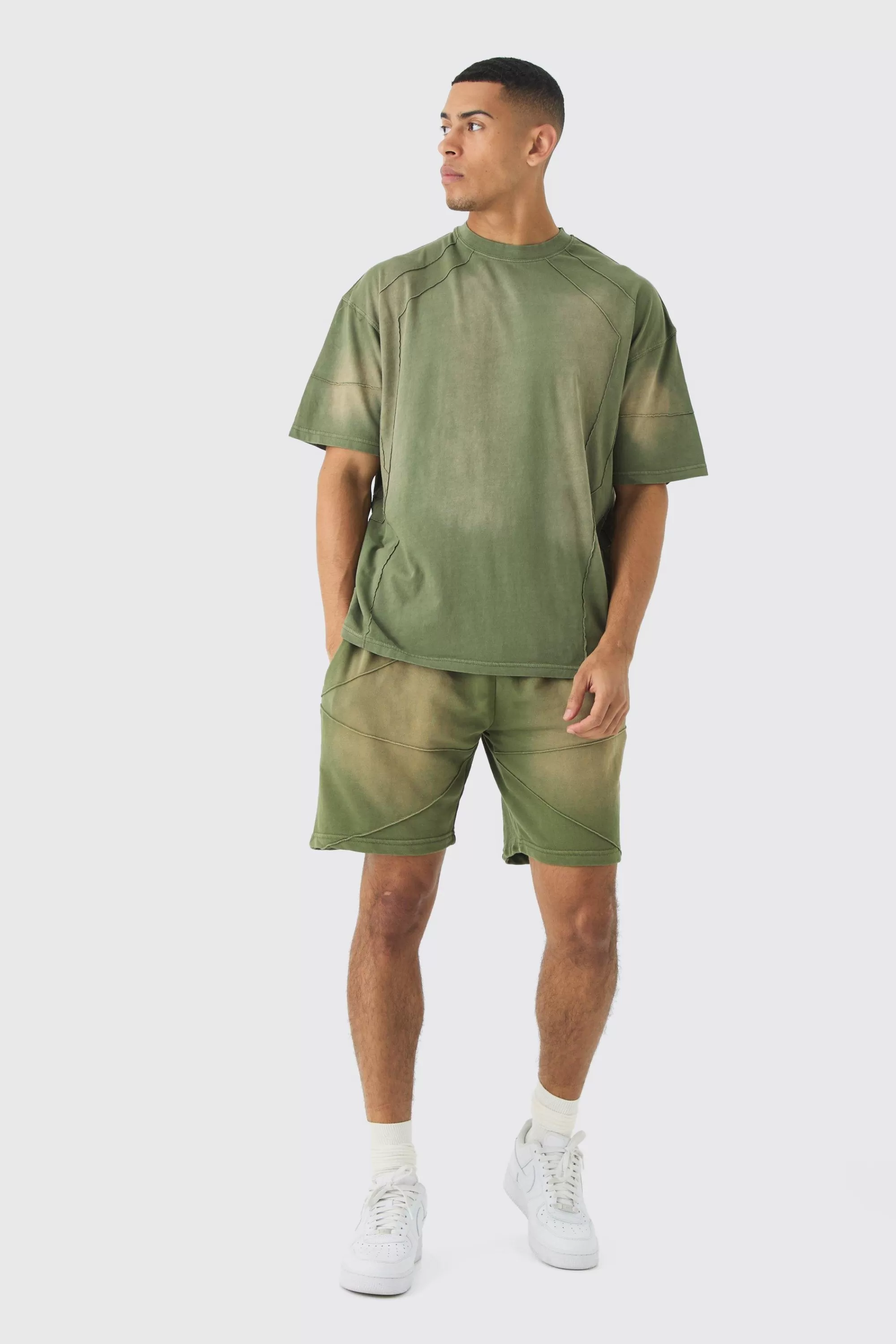 boohooMAN Oversized Wash Pintuck T-shirt And Short Set | UK