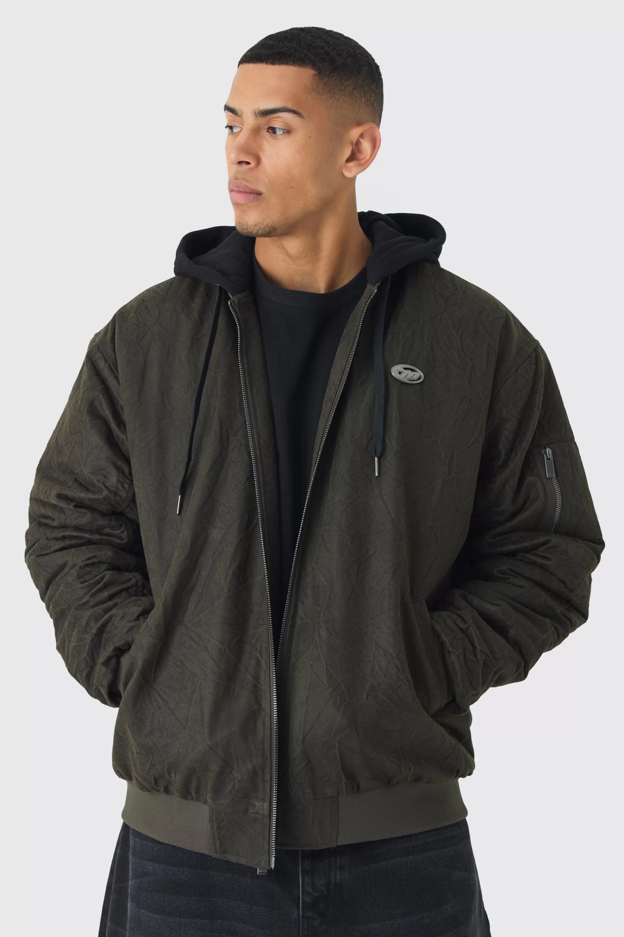 boohooMAN Oversized Washed Crinkle Hooded Bomber In | UK