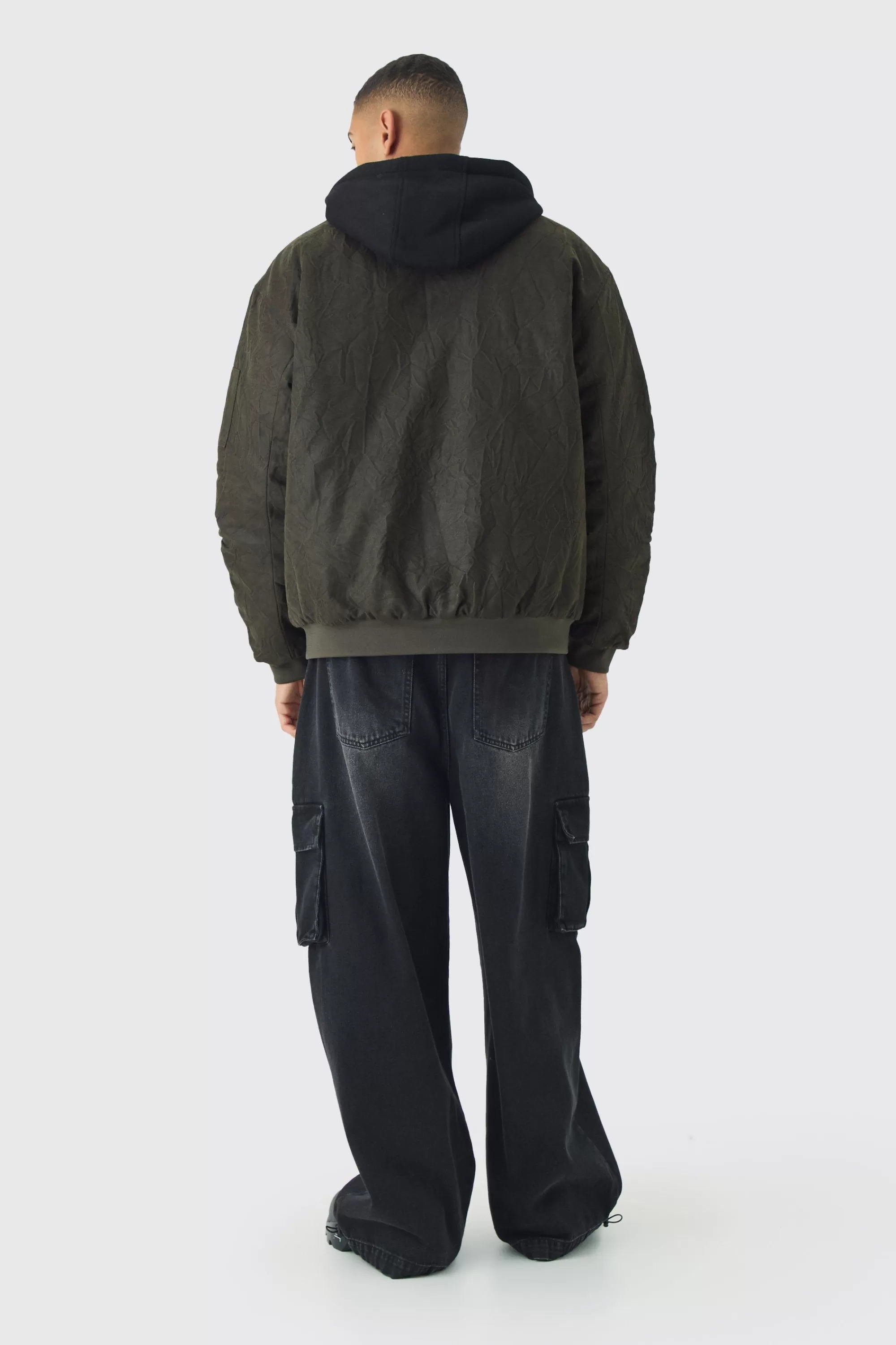 boohooMAN Oversized Washed Crinkle Hooded Bomber In | UK
