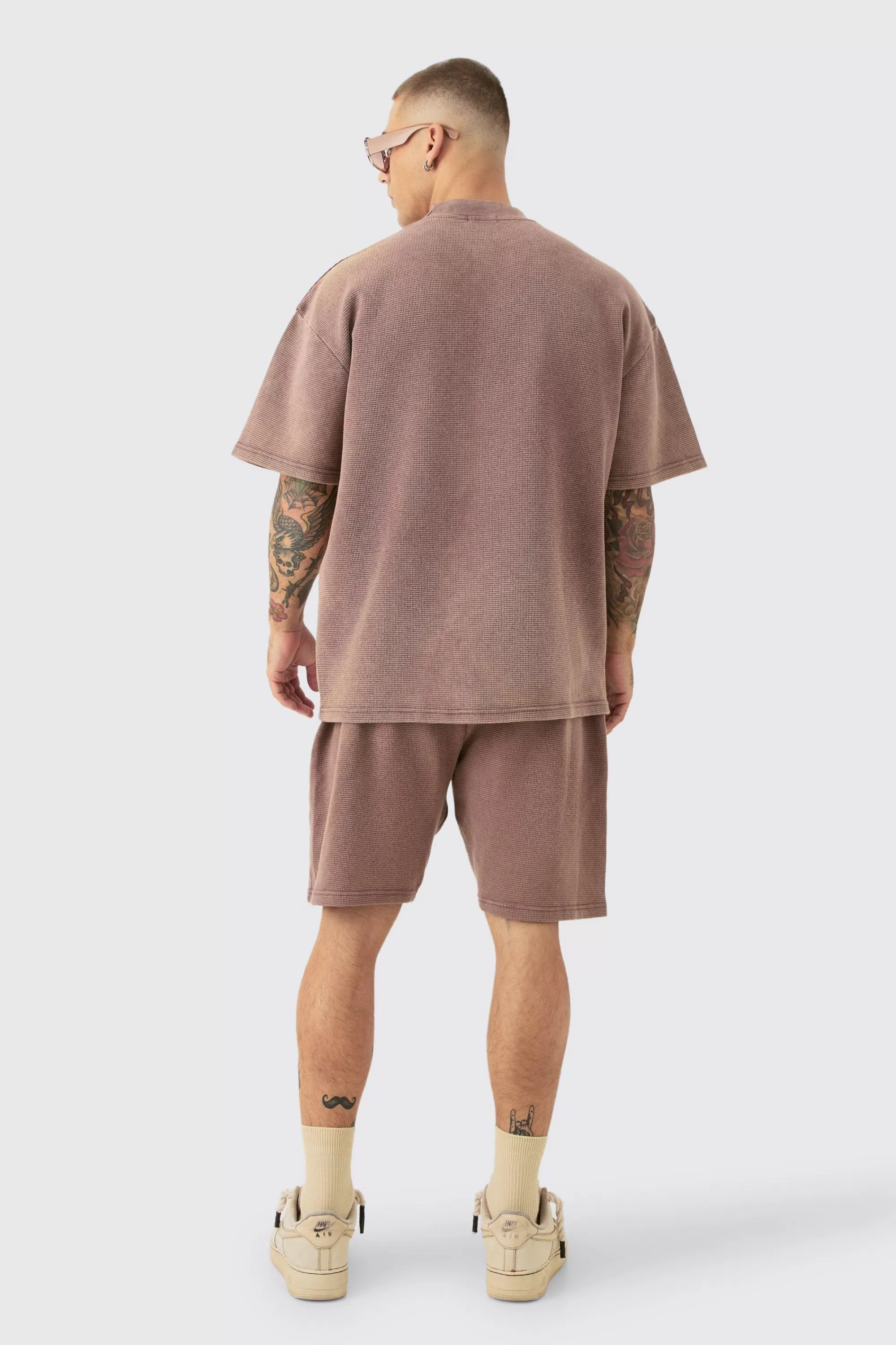 boohooMAN Oversized Washed Heavyweight Waffle T-shirt & Shorts Set | UK