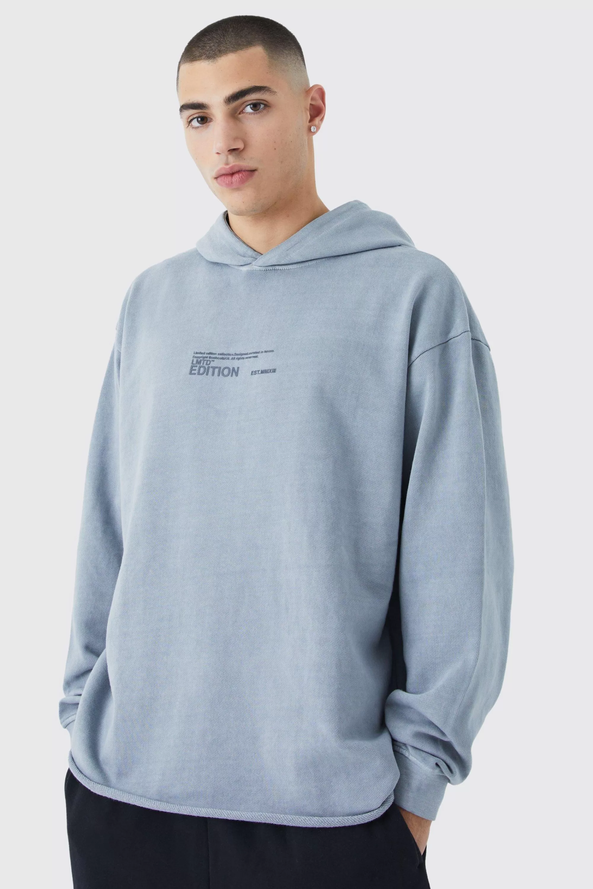 boohooMAN Oversized Washed Limited Raw Hem Hoodie | UK