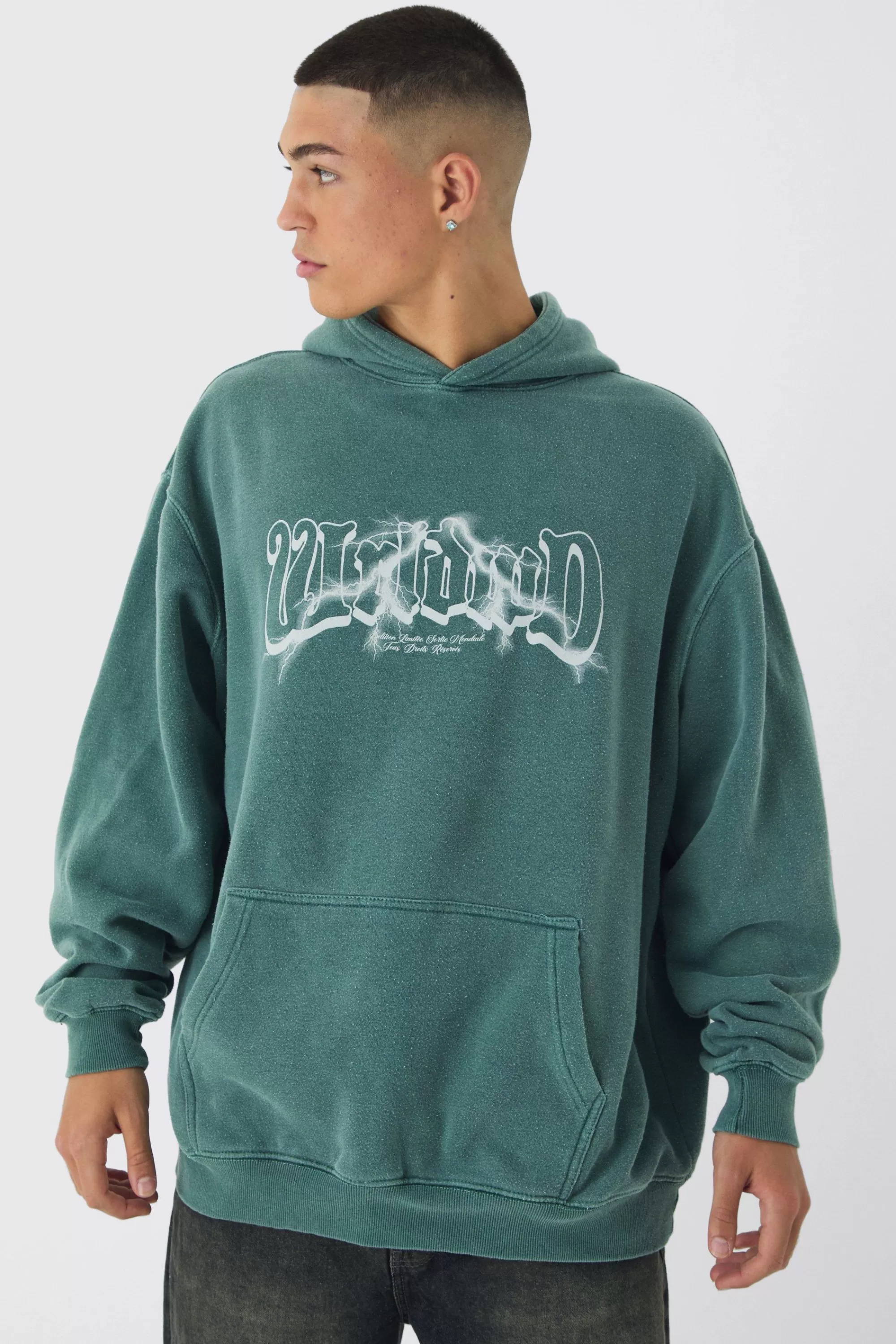 boohooMAN Oversized Washed Tonal Worldwd Renaissance Print Hoodie | UK