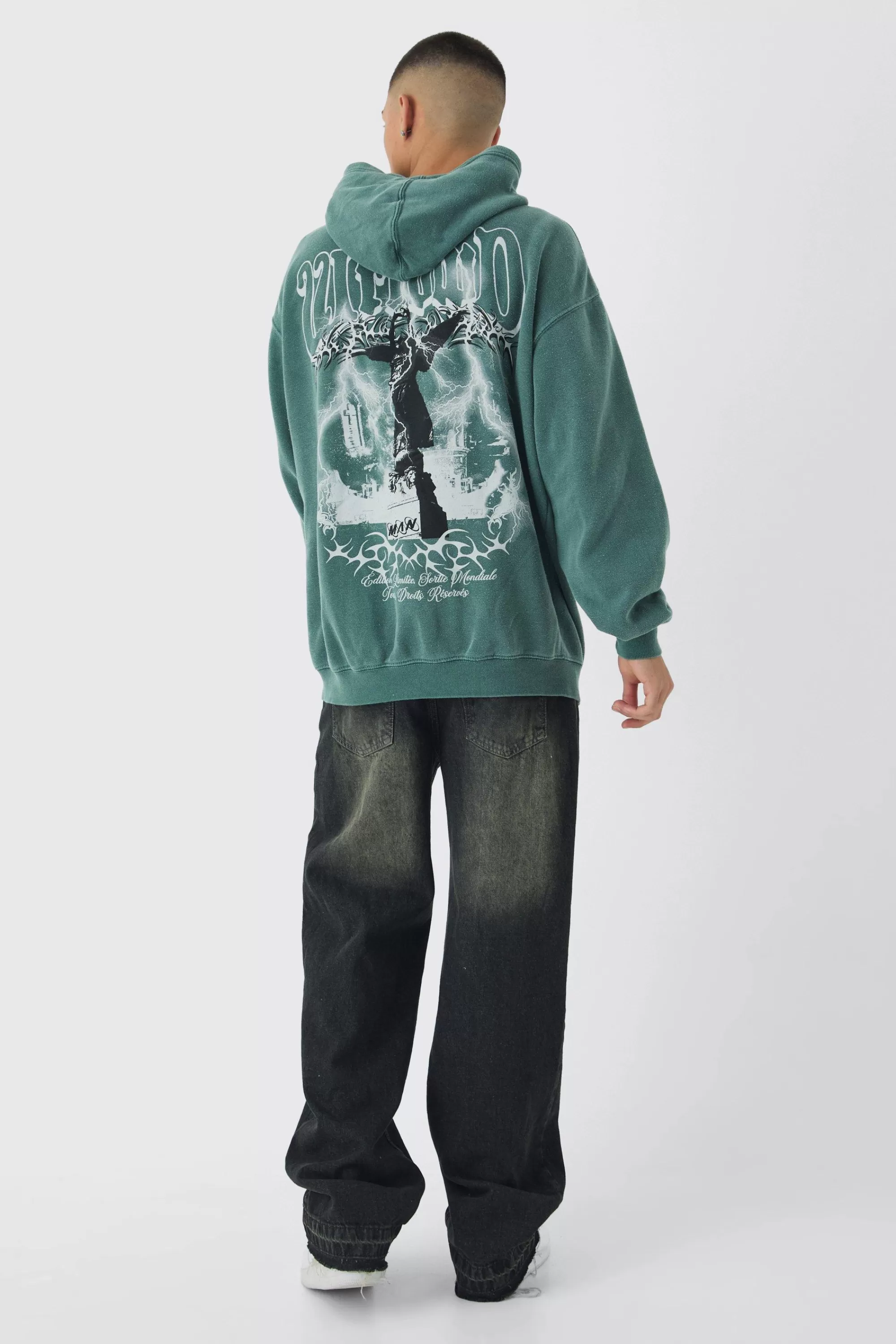 boohooMAN Oversized Washed Tonal Worldwd Renaissance Print Hoodie | UK