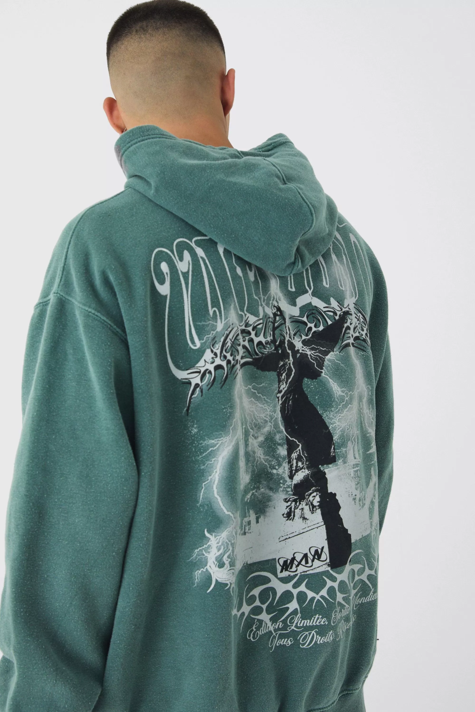 boohooMAN Oversized Washed Tonal Worldwd Renaissance Print Hoodie | UK